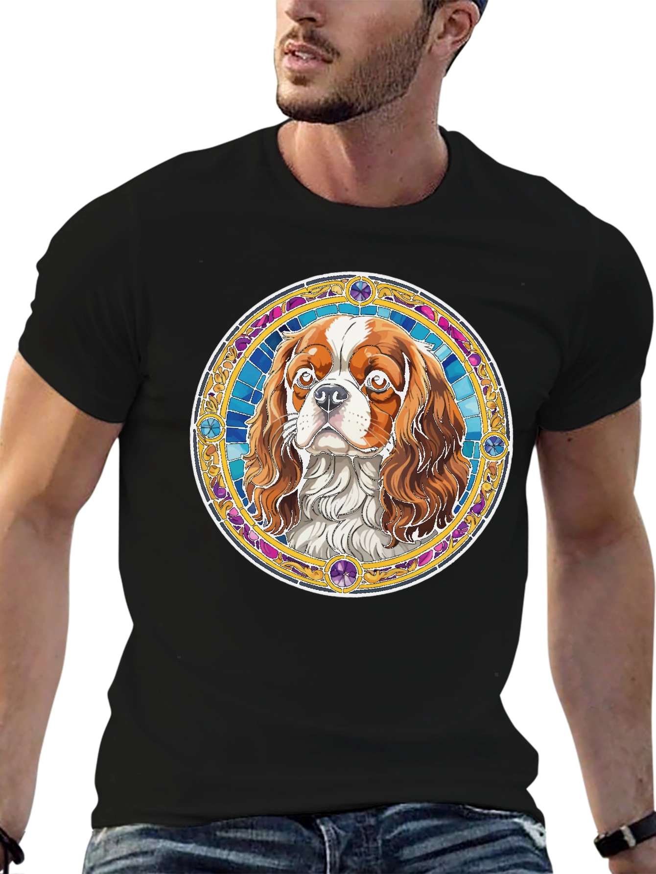Cavalier King Charles Spaniel Stained Glass Style T-Shirt