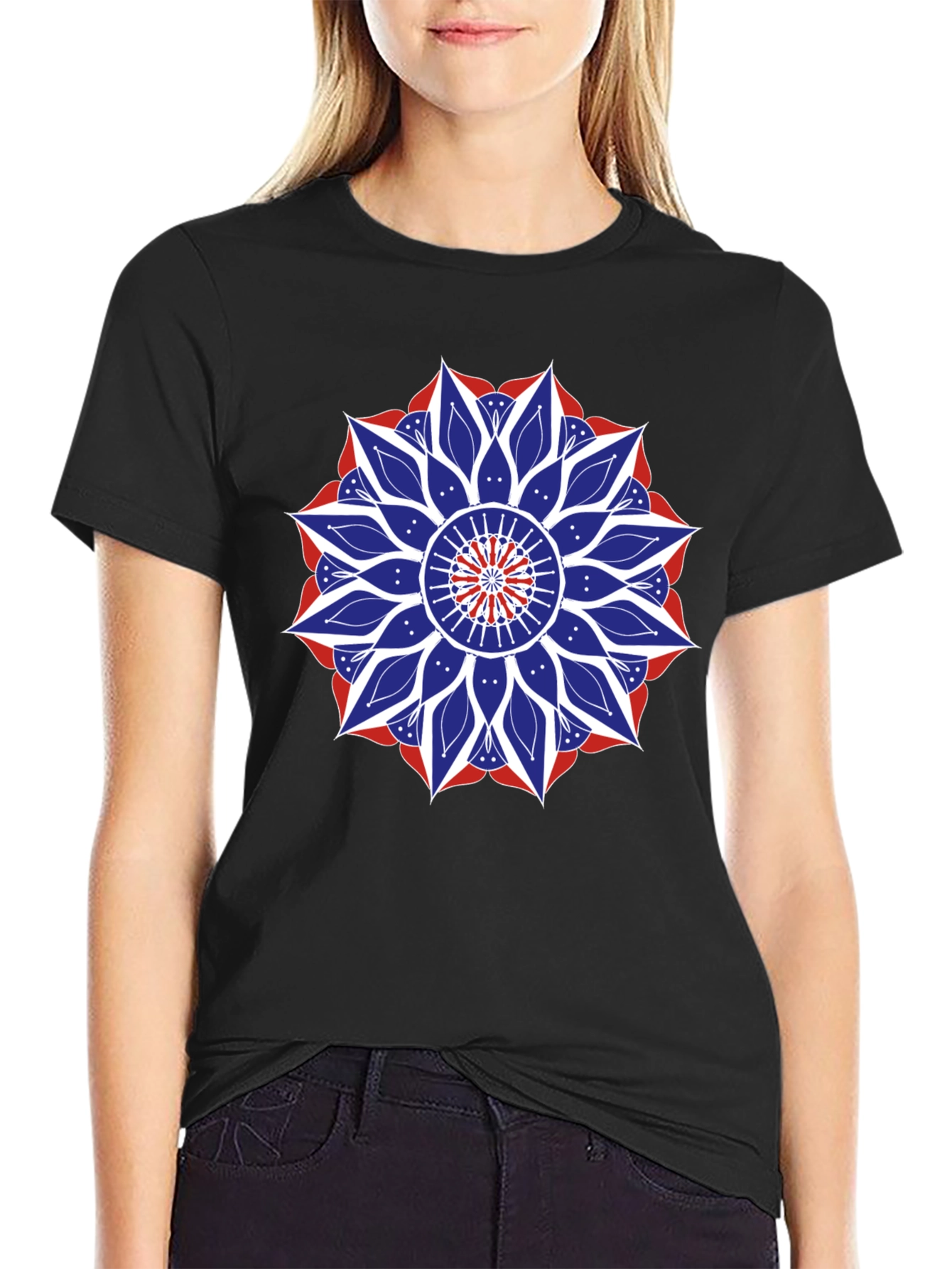 Mens Black T-Shirt with Red White and Blue Mandala