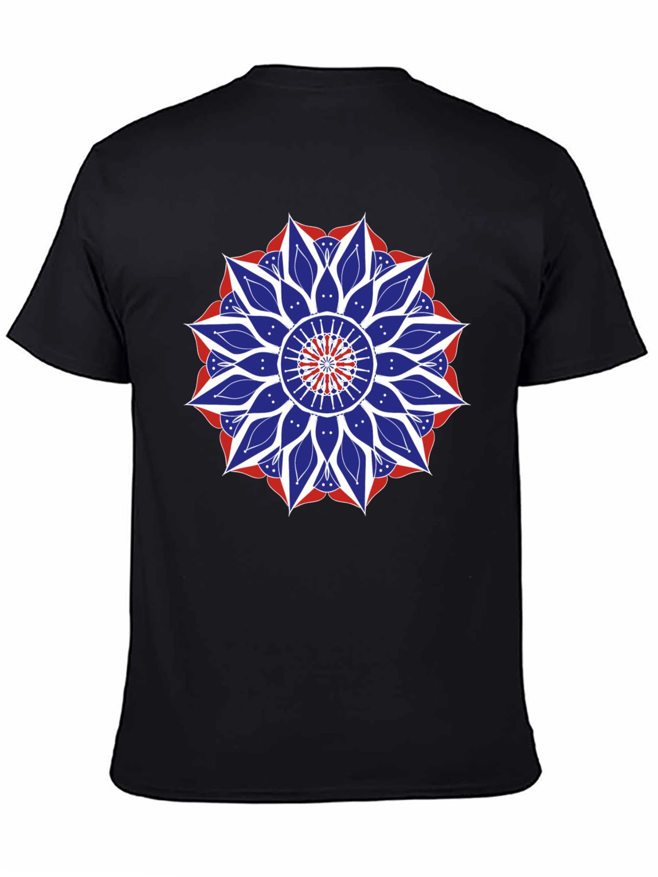Mens Black T-Shirt with Red White and Blue Mandala