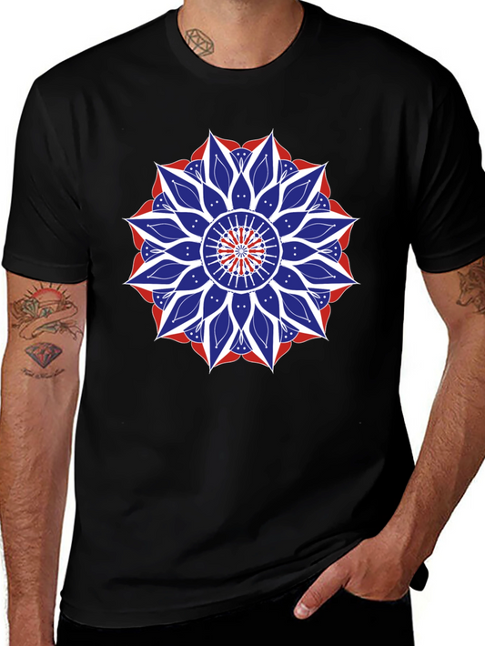 Mens Black T-Shirt with Red White and Blue Mandala