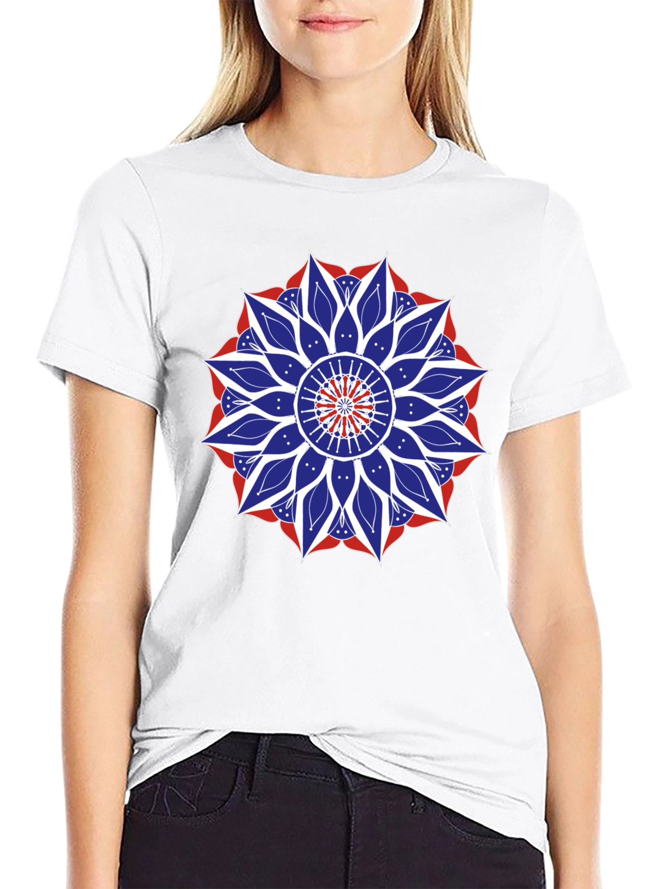 Mens Black T-Shirt with Red White and Blue Mandala