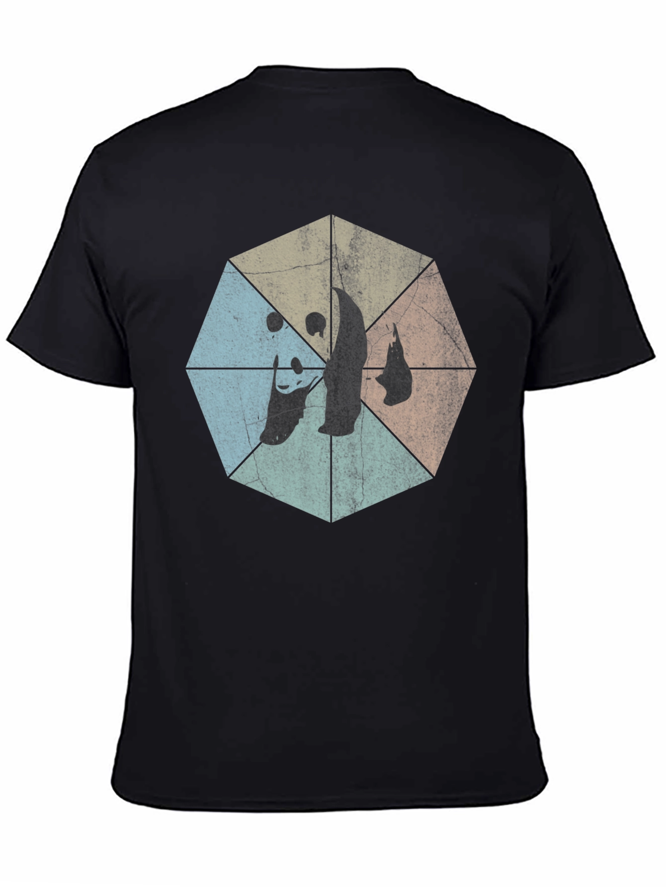 Retro Geometric Panda Graphic T-Shirt - Black
