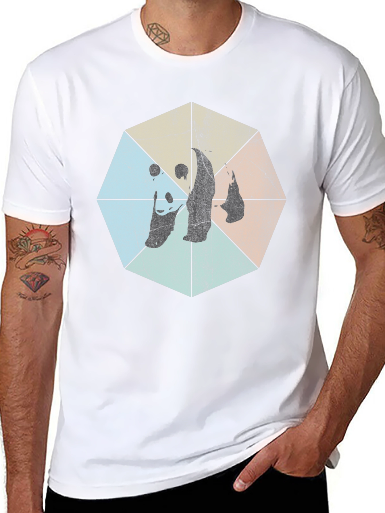 Retro Geometric Panda Graphic T-Shirt - Black