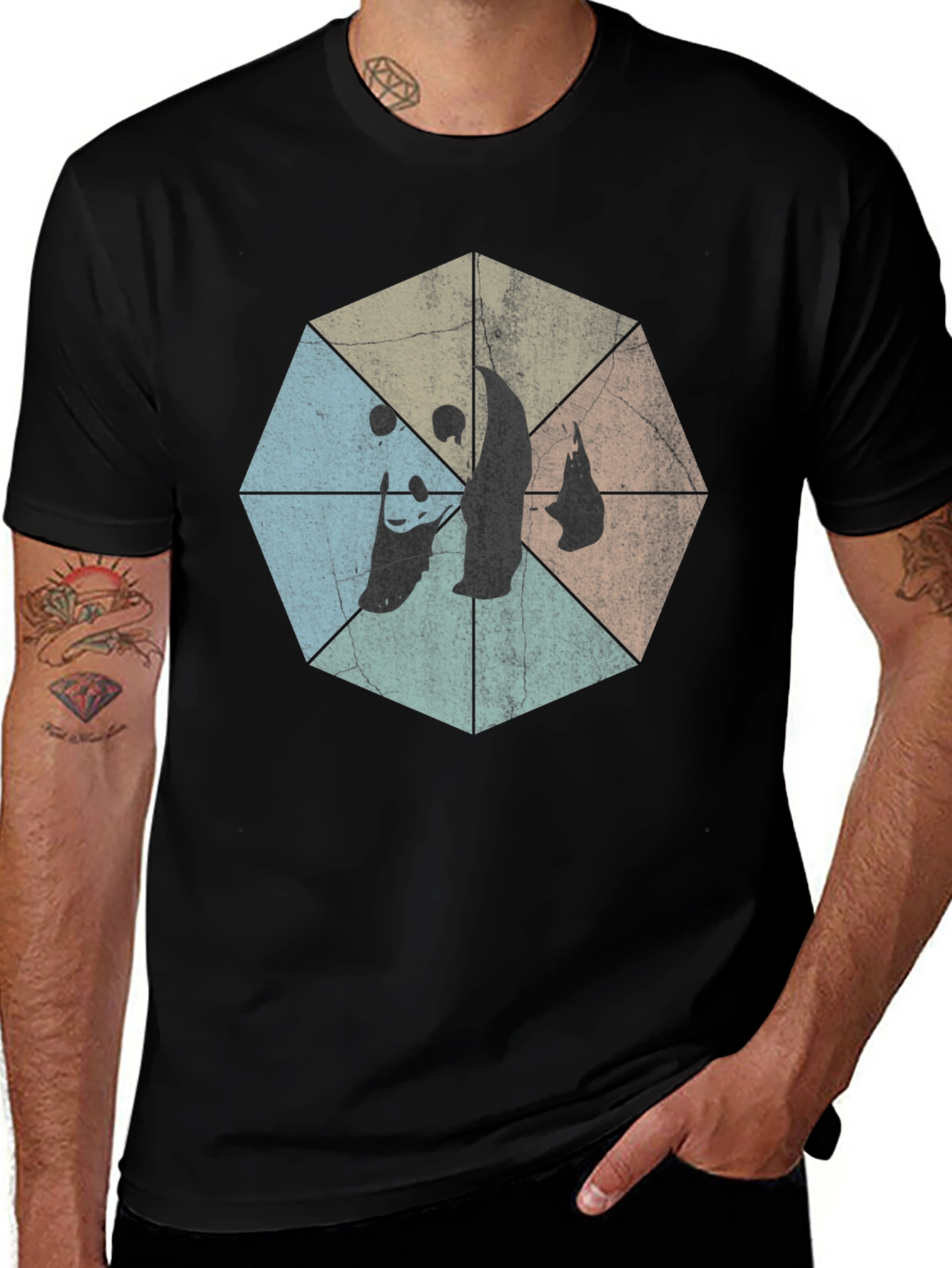 Retro Geometric Panda Graphic T-Shirt - Black