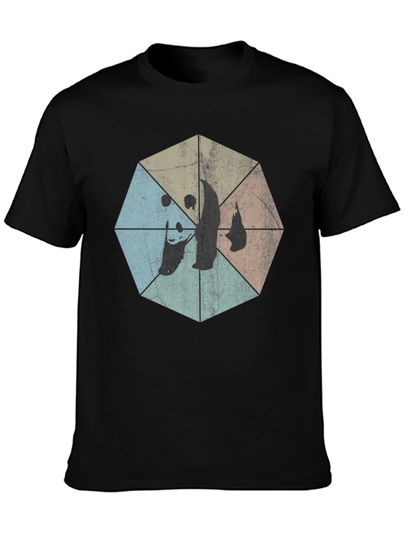 Retro Geometric Panda Graphic T-Shirt - Black