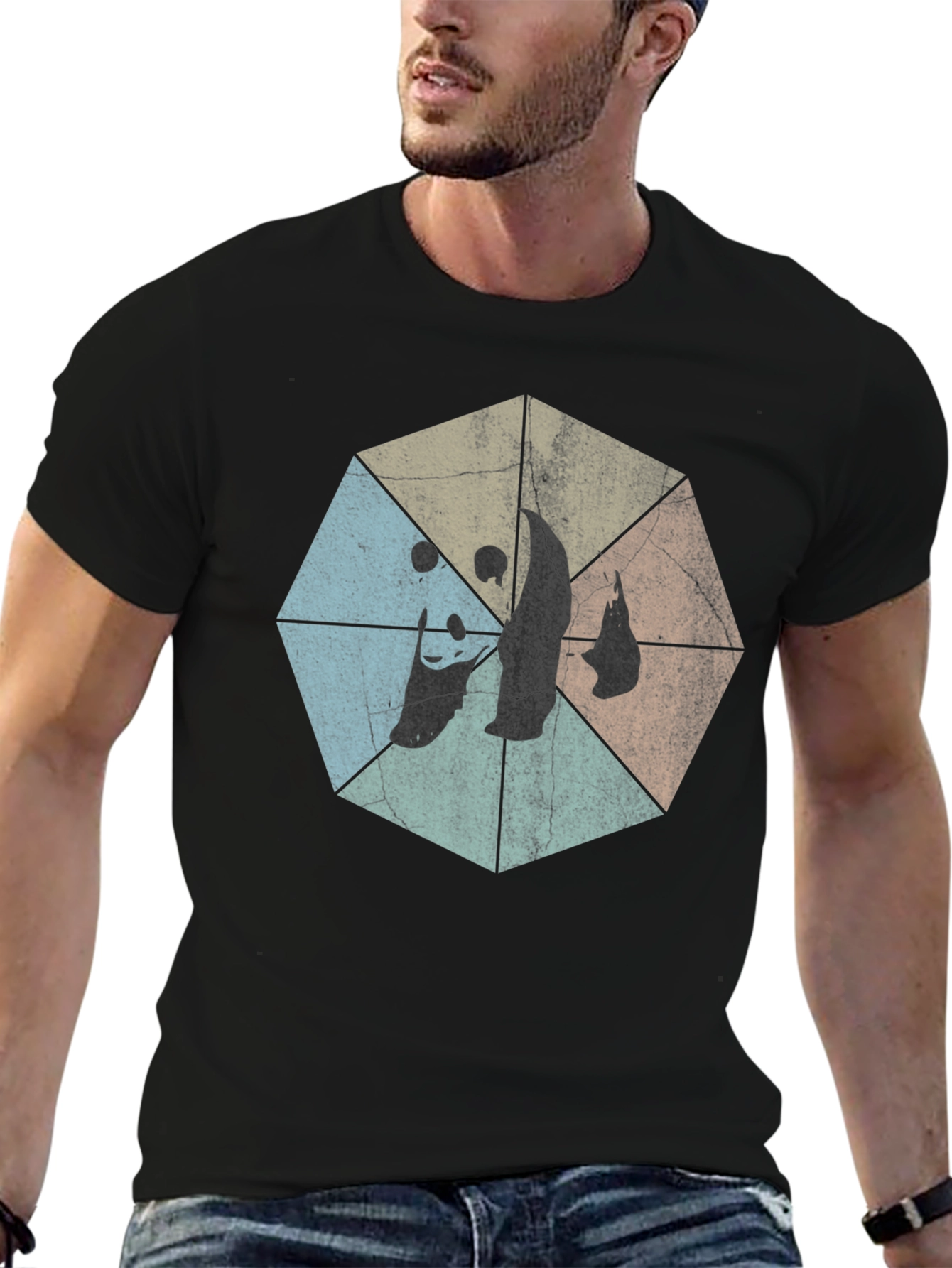 Retro Geometric Panda Graphic T-Shirt - Black