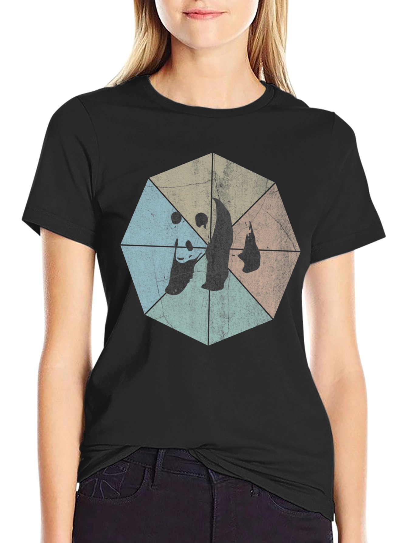 Retro Geometric Panda Graphic T-Shirt - Black