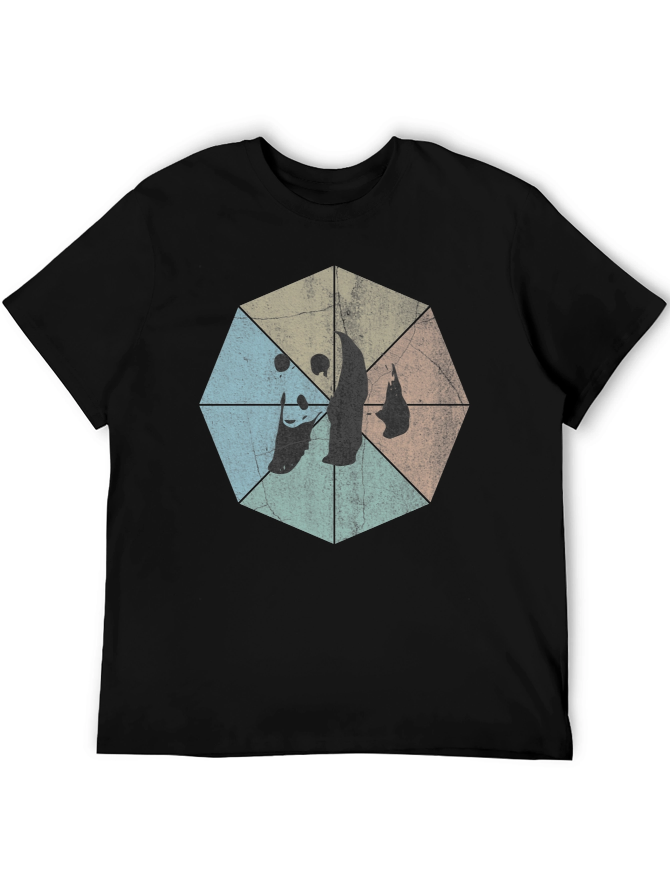 Retro Geometric Panda Graphic T-Shirt - Black