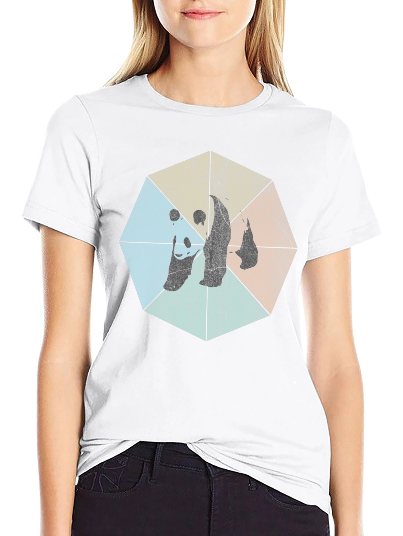 Retro Geometric Panda Graphic T-Shirt - Black