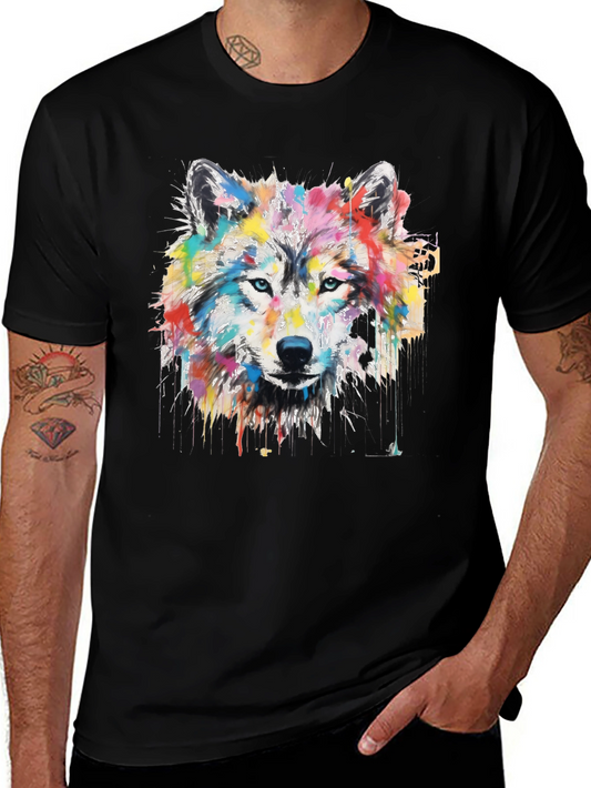 Colorful Wolf Graphic Print Black T-Shirt