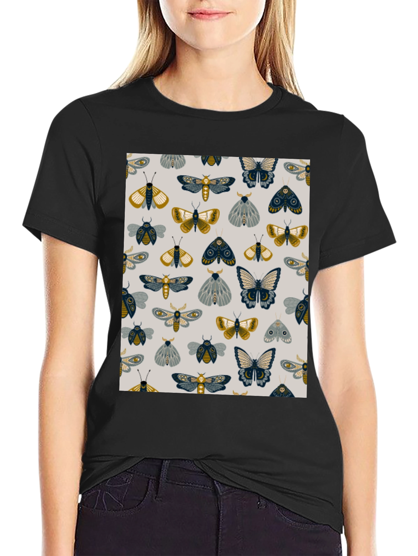 Moth & Butterfly Print Black Tee