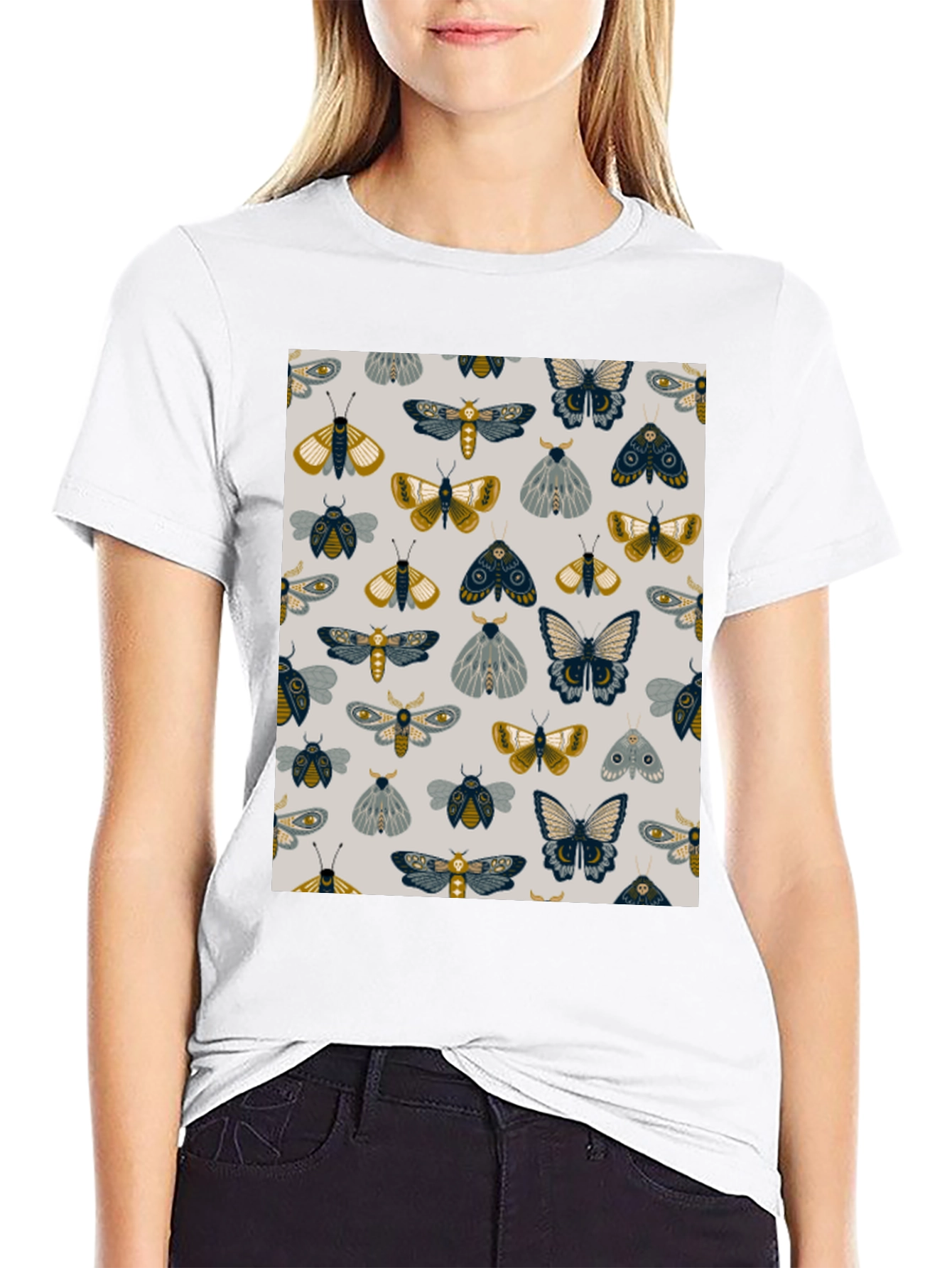 Moth & Butterfly Print Black Tee