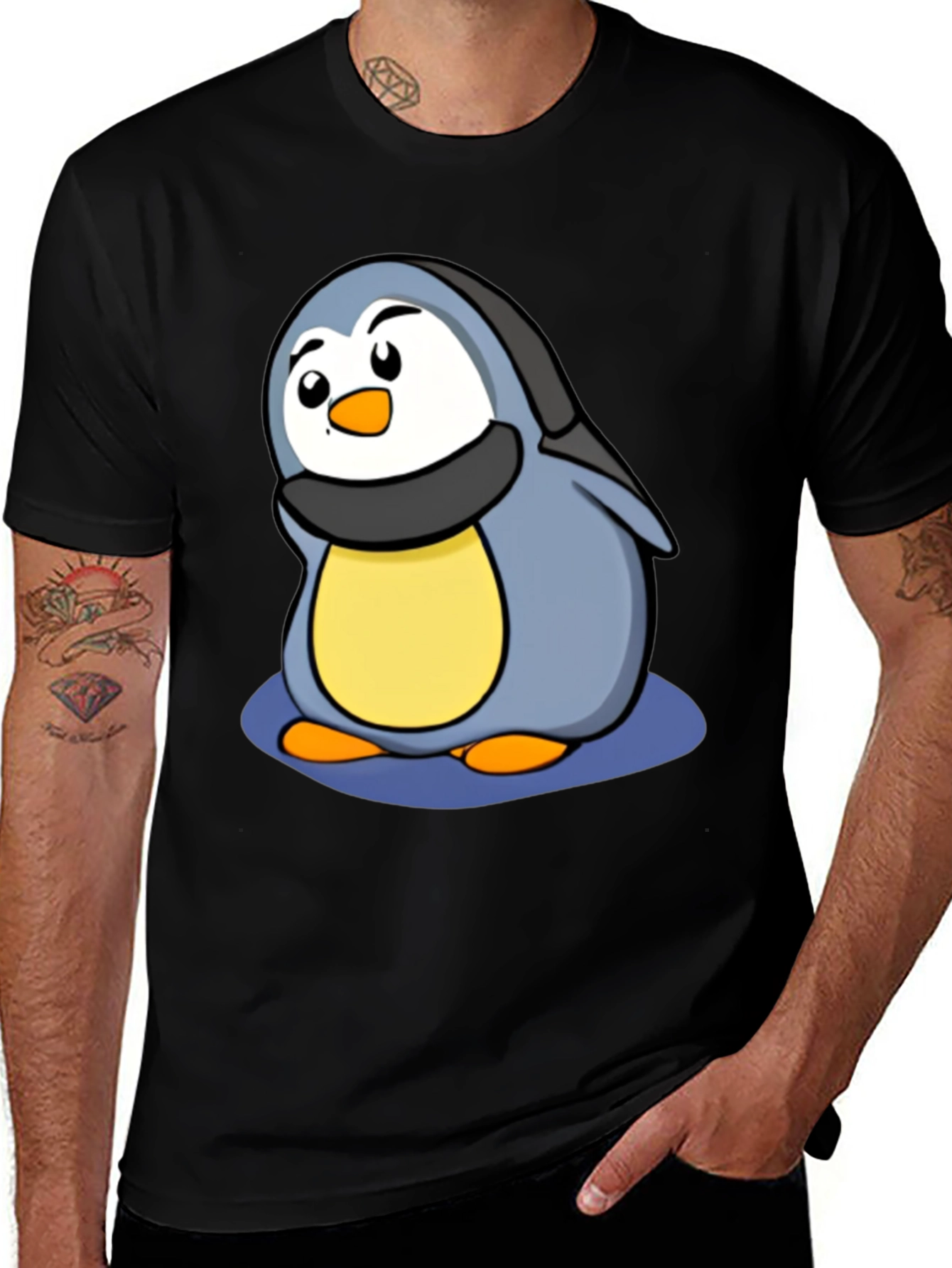 Cute Penguin Cartoon T-Shirt - Black Cotton Tee