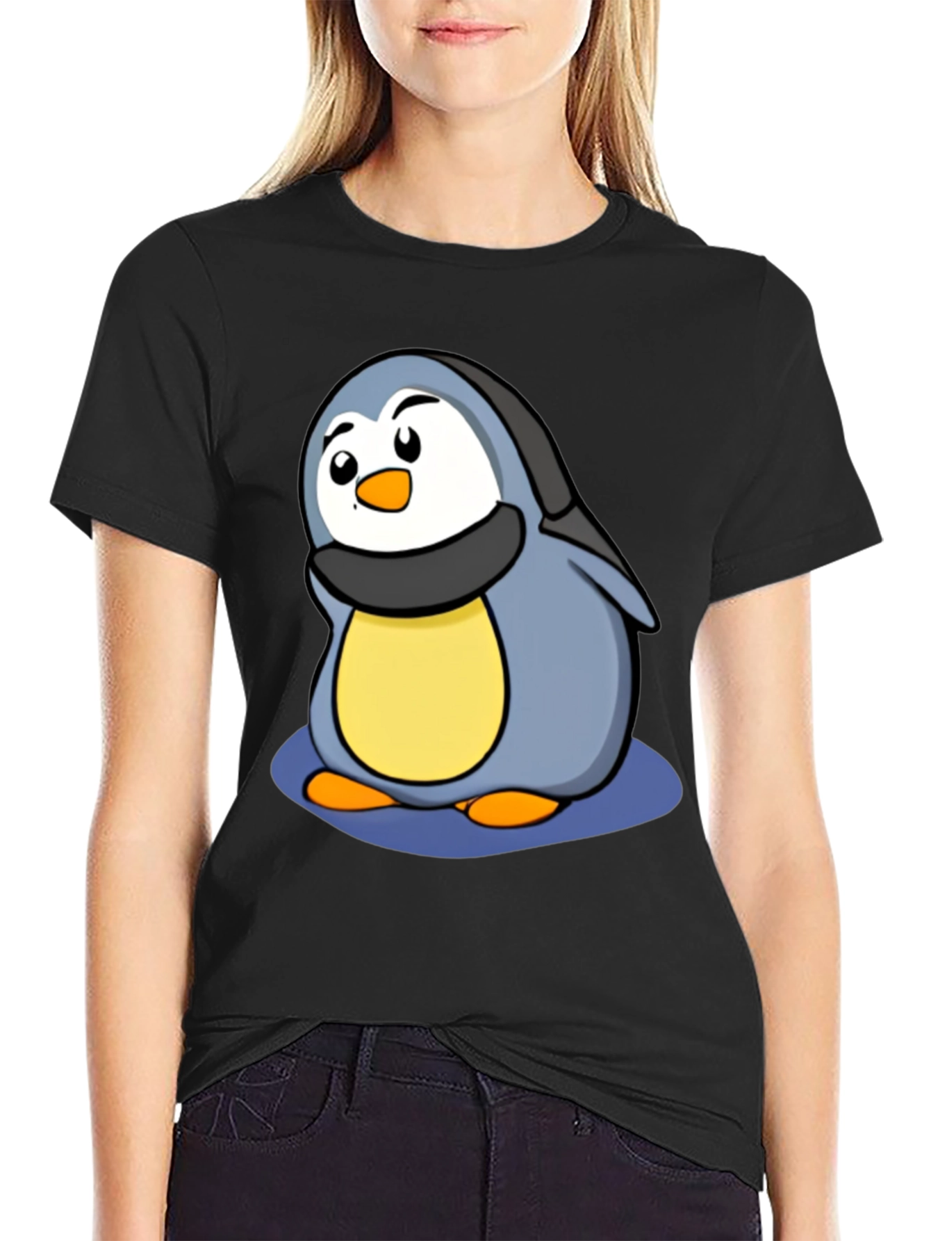 Cute Penguin Cartoon T-Shirt - Black Cotton Tee