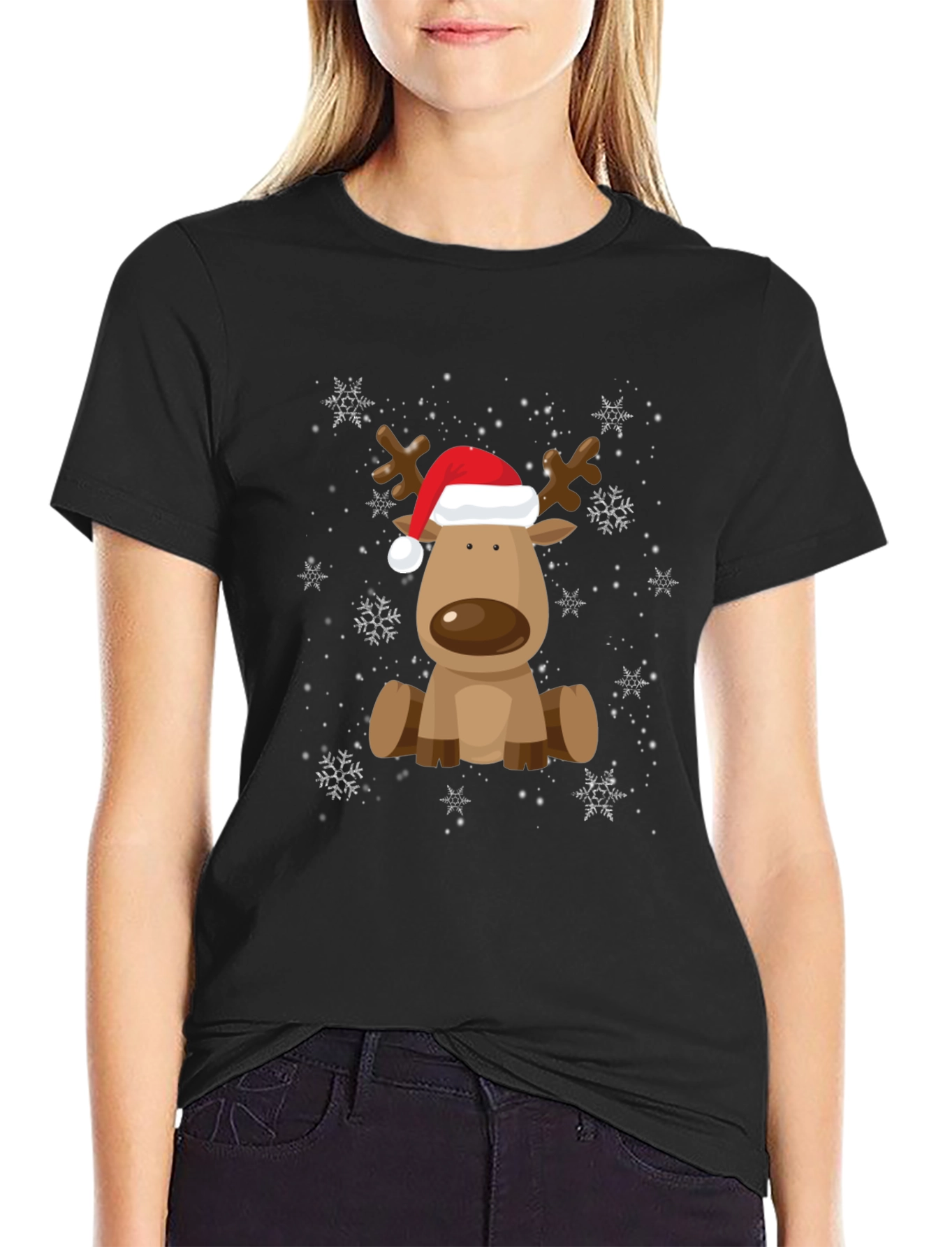 Cute Reindeer with Santa Hat Graphic Tee