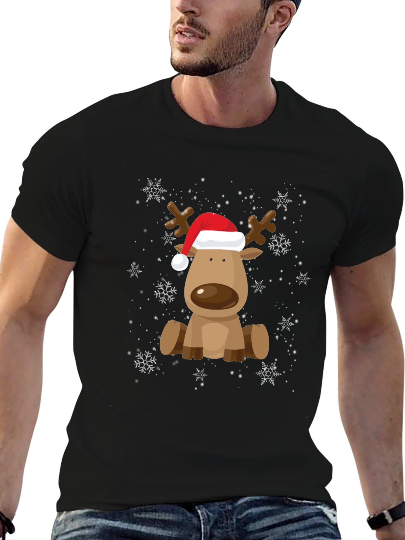 Cute Reindeer with Santa Hat Graphic Tee