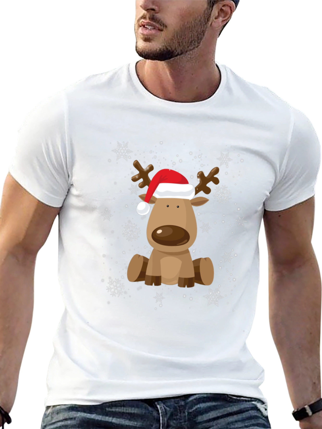 Cute Reindeer with Santa Hat Graphic Tee