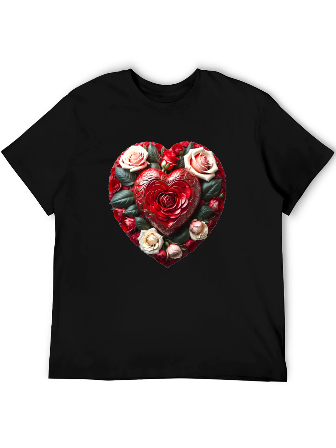Romantic Rose Heart Graphic Black T-Shirt