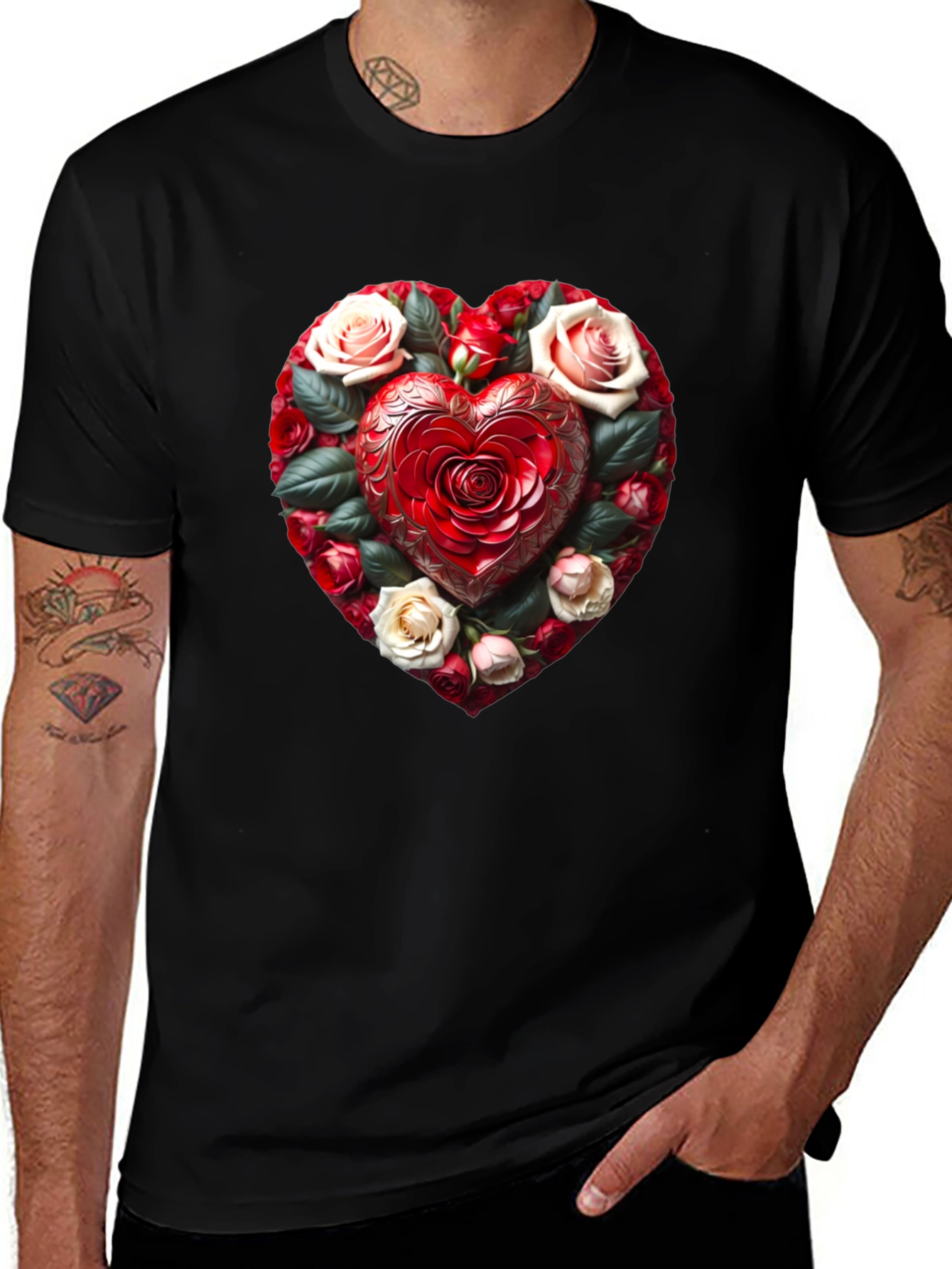 Romantic Rose Heart Graphic Black T-Shirt