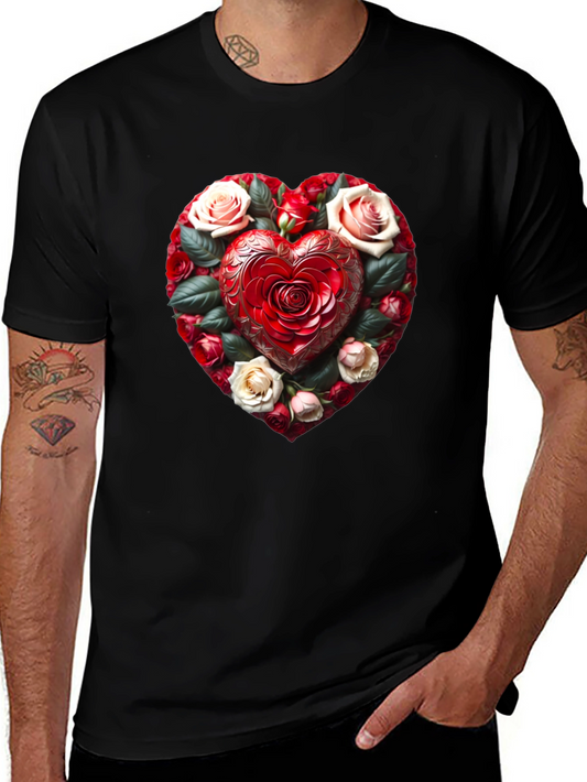Romantic Rose Heart Graphic Black T-Shirt