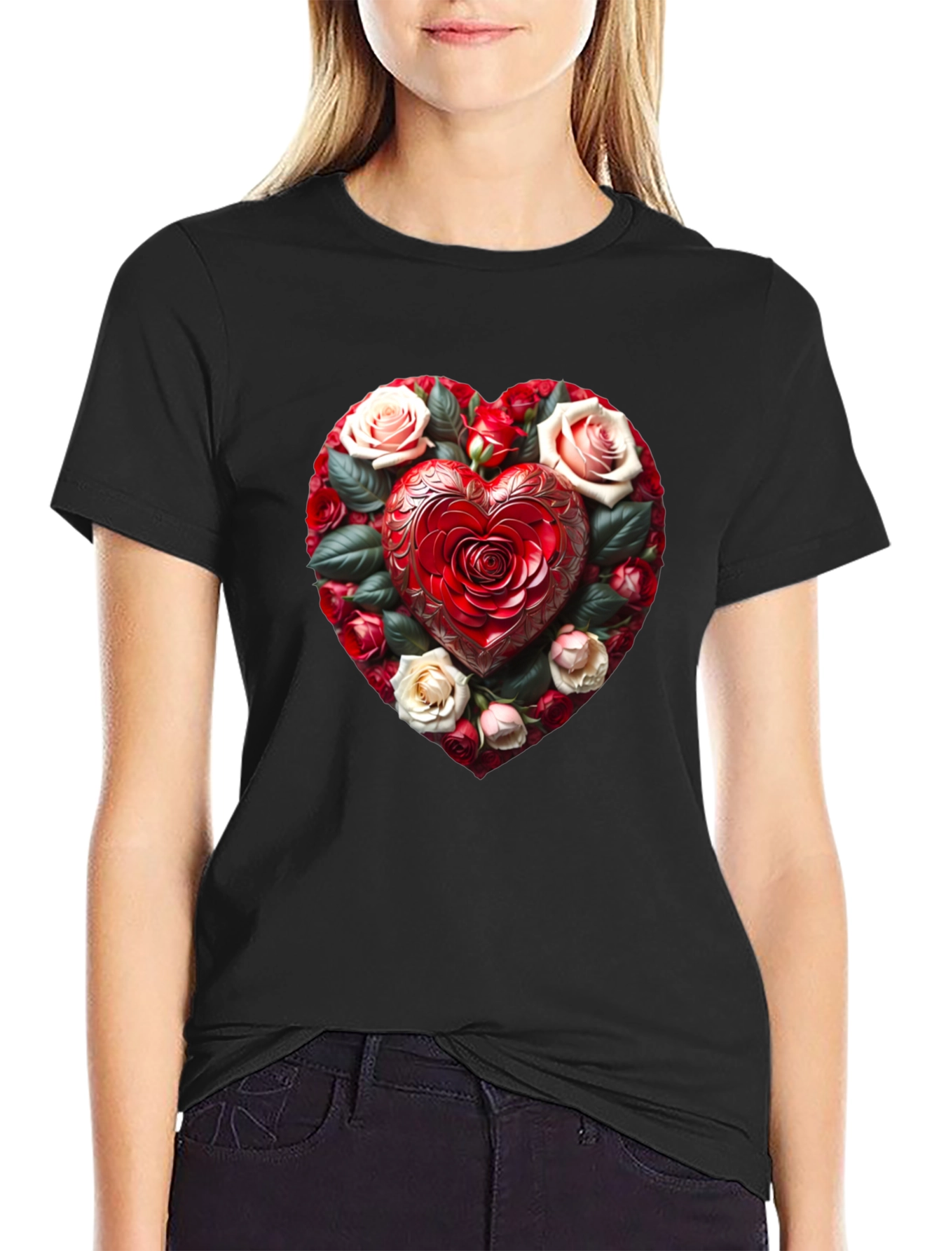 Romantic Rose Heart Graphic Black T-Shirt