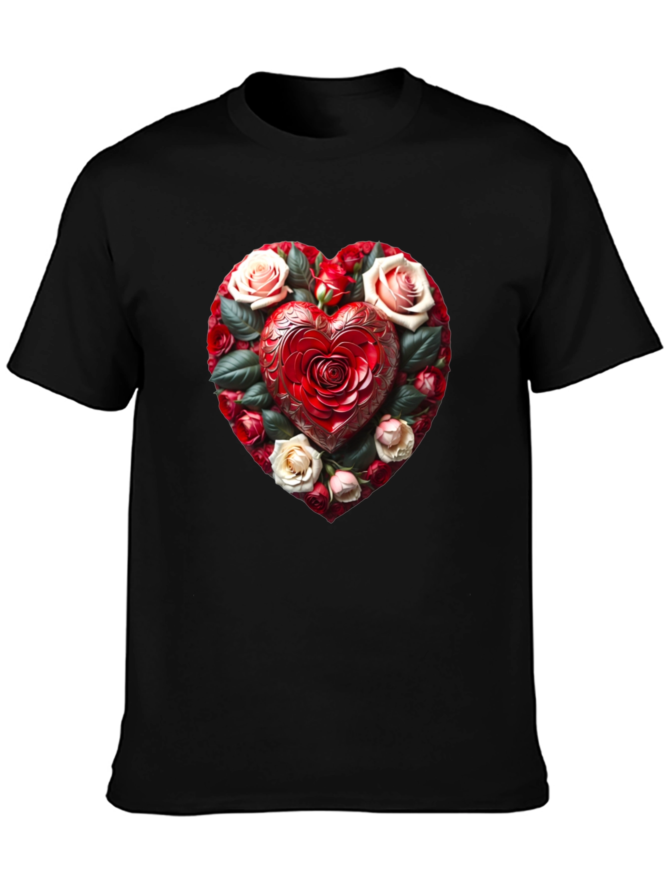 Romantic Rose Heart Graphic Black T-Shirt