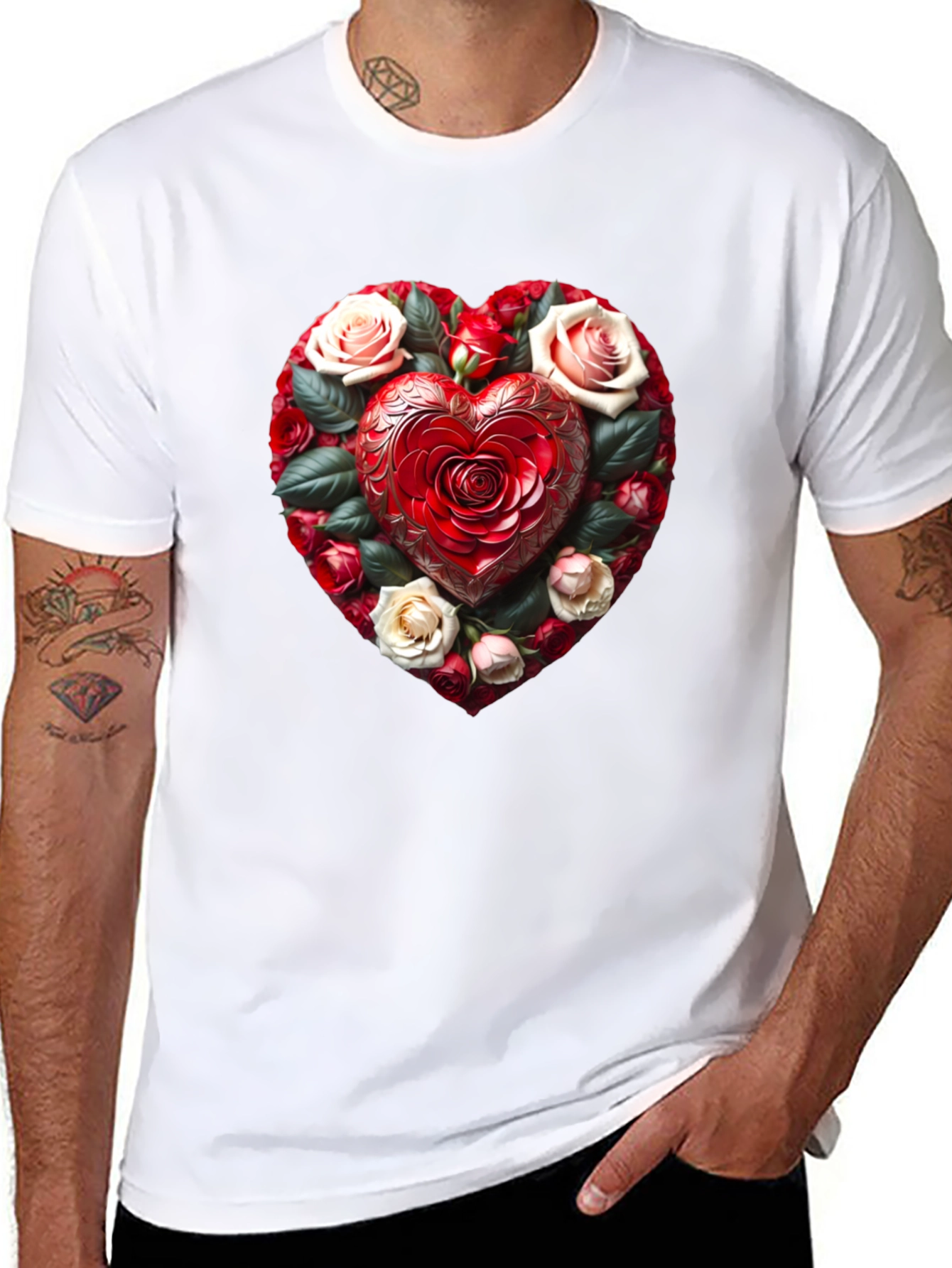 Romantic Rose Heart Graphic Black T-Shirt