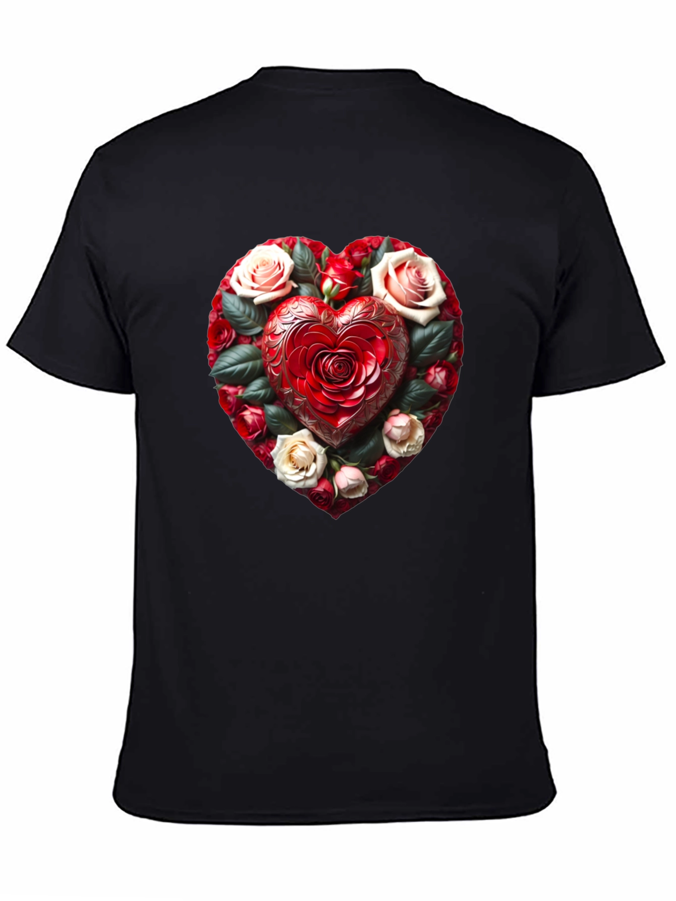 Romantic Rose Heart Graphic Black T-Shirt