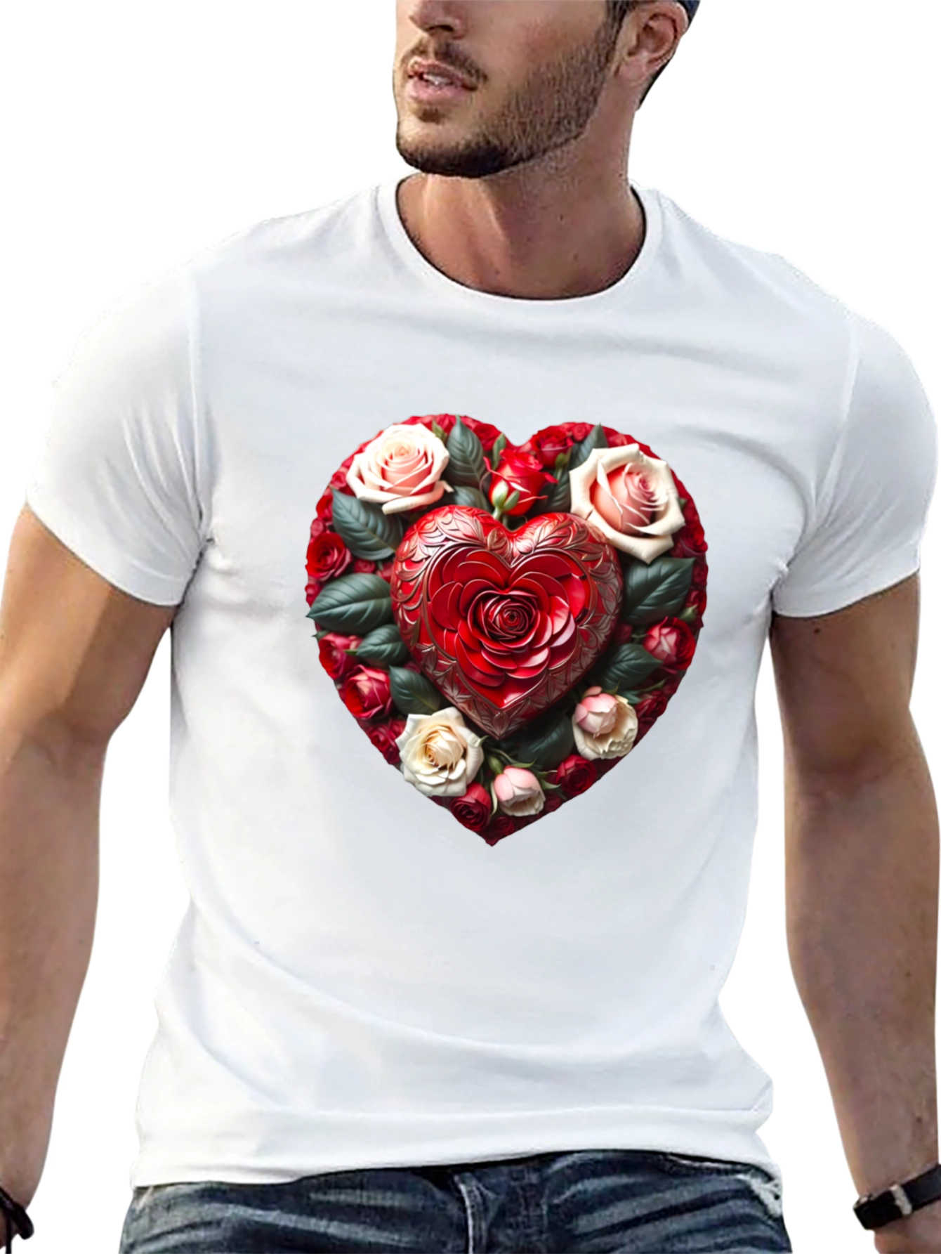Romantic Rose Heart Graphic Black T-Shirt