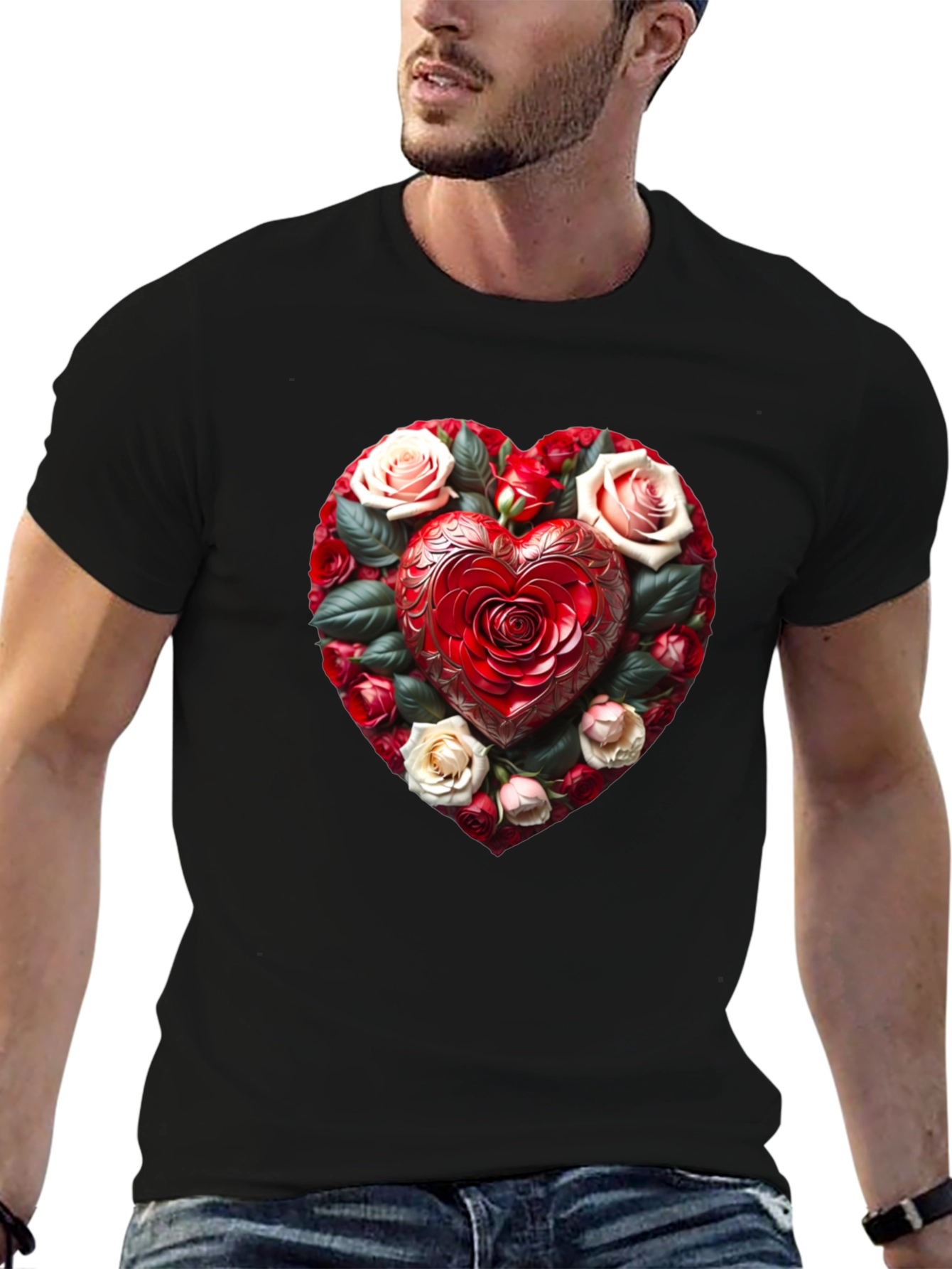 Romantic Rose Heart Graphic Black T-Shirt
