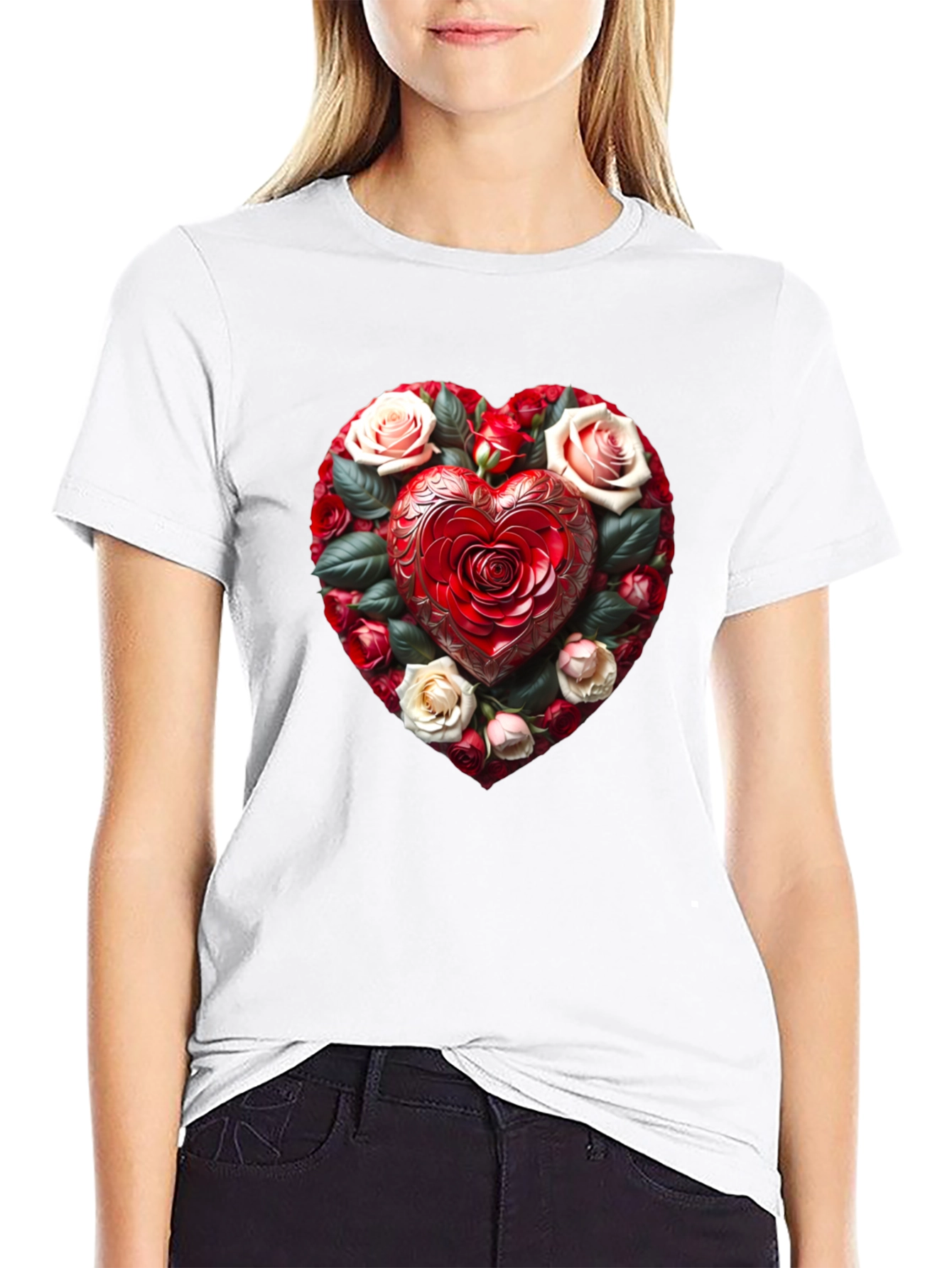 Romantic Rose Heart Graphic Black T-Shirt