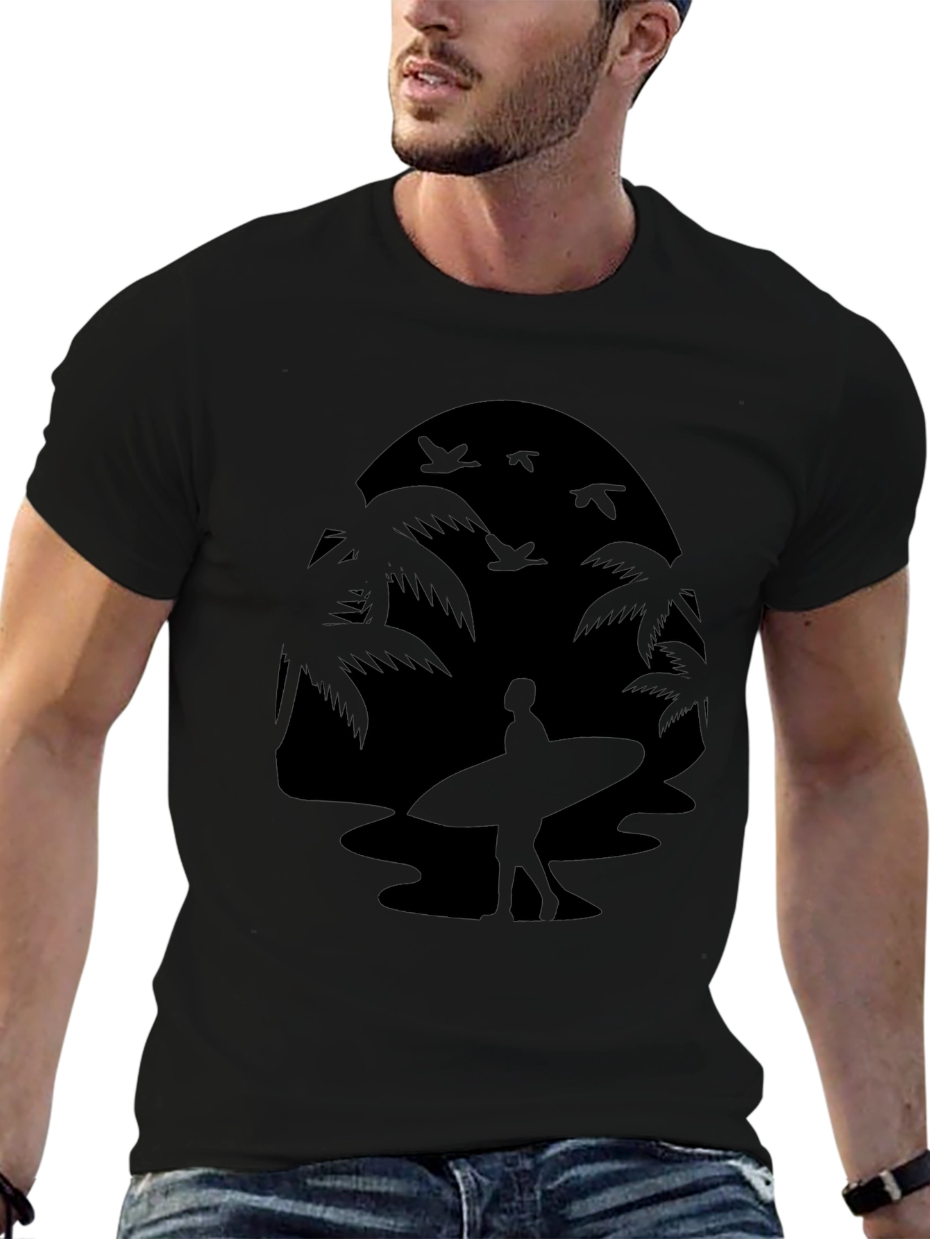 Silhouette Surfer Tee - Palm Tree Beach Design