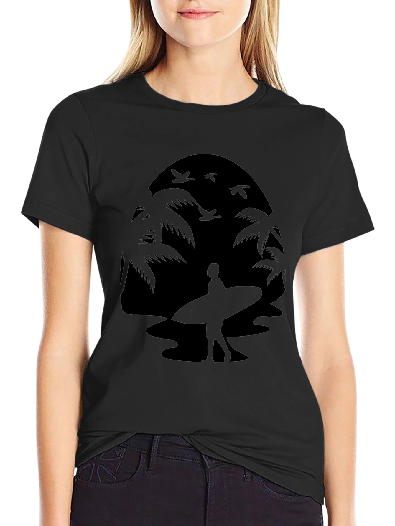 Silhouette Surfer Tee - Palm Tree Beach Design