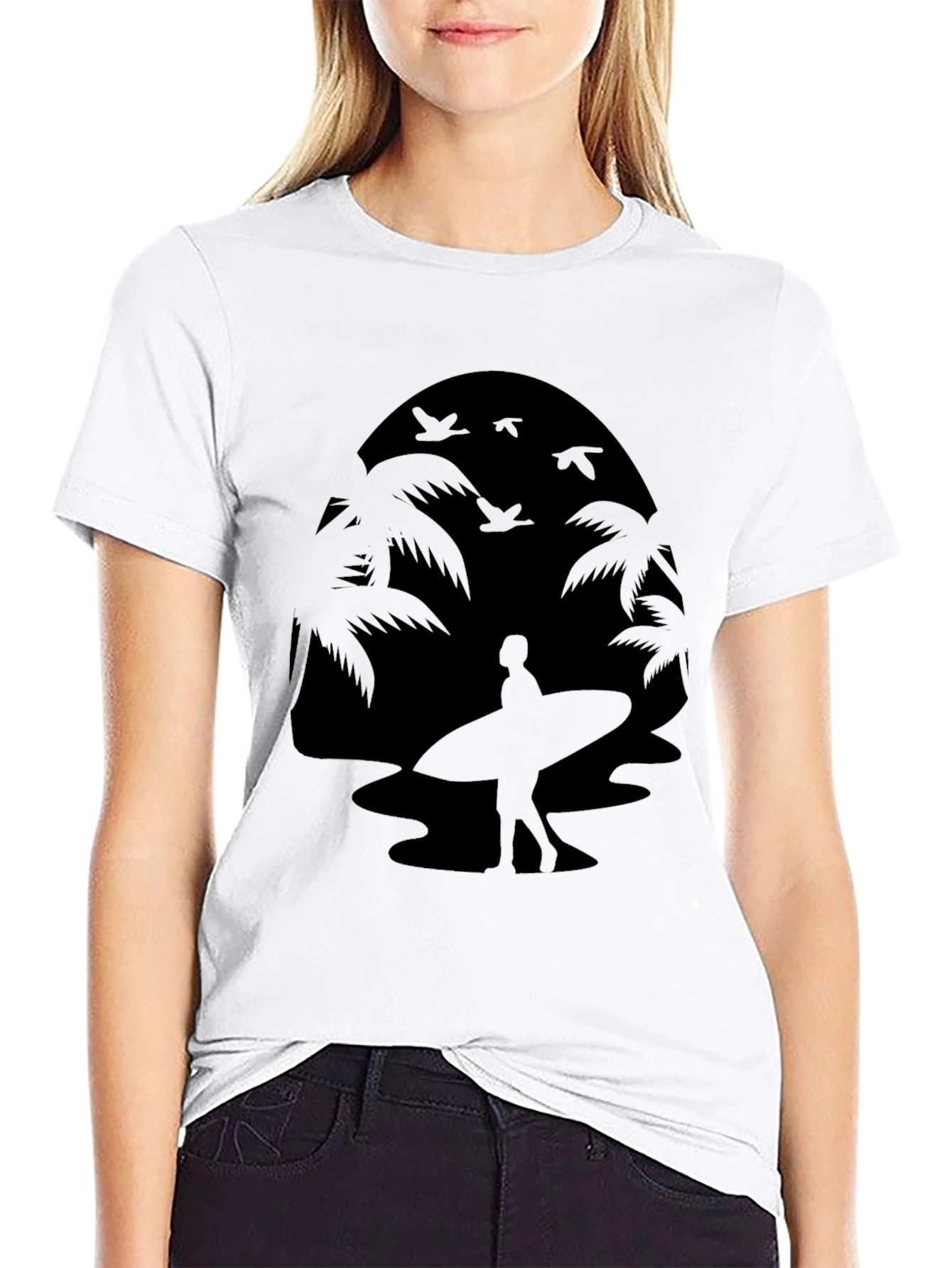 Silhouette Surfer Tee - Palm Tree Beach Design