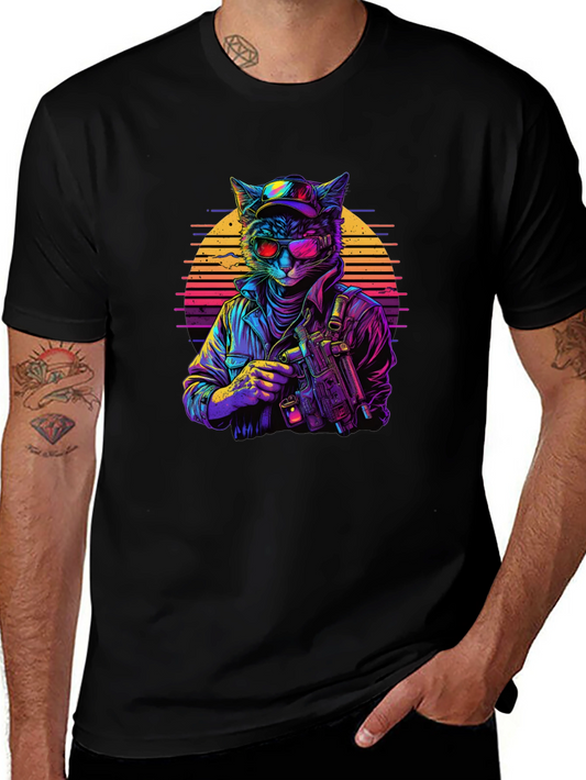 Retro Cat Gunner Black T-Shirt