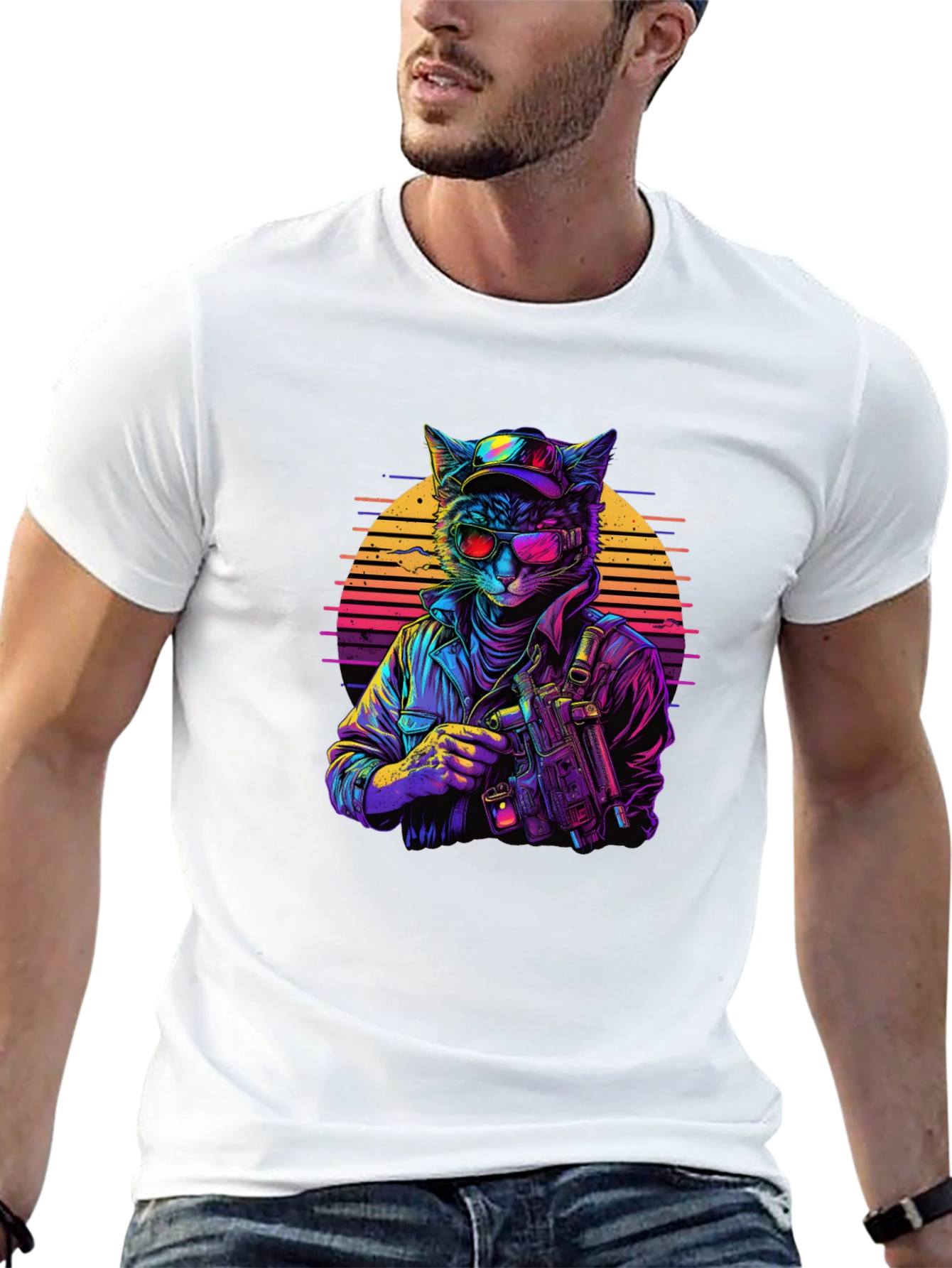 Retro Cat Gunner Black T-Shirt