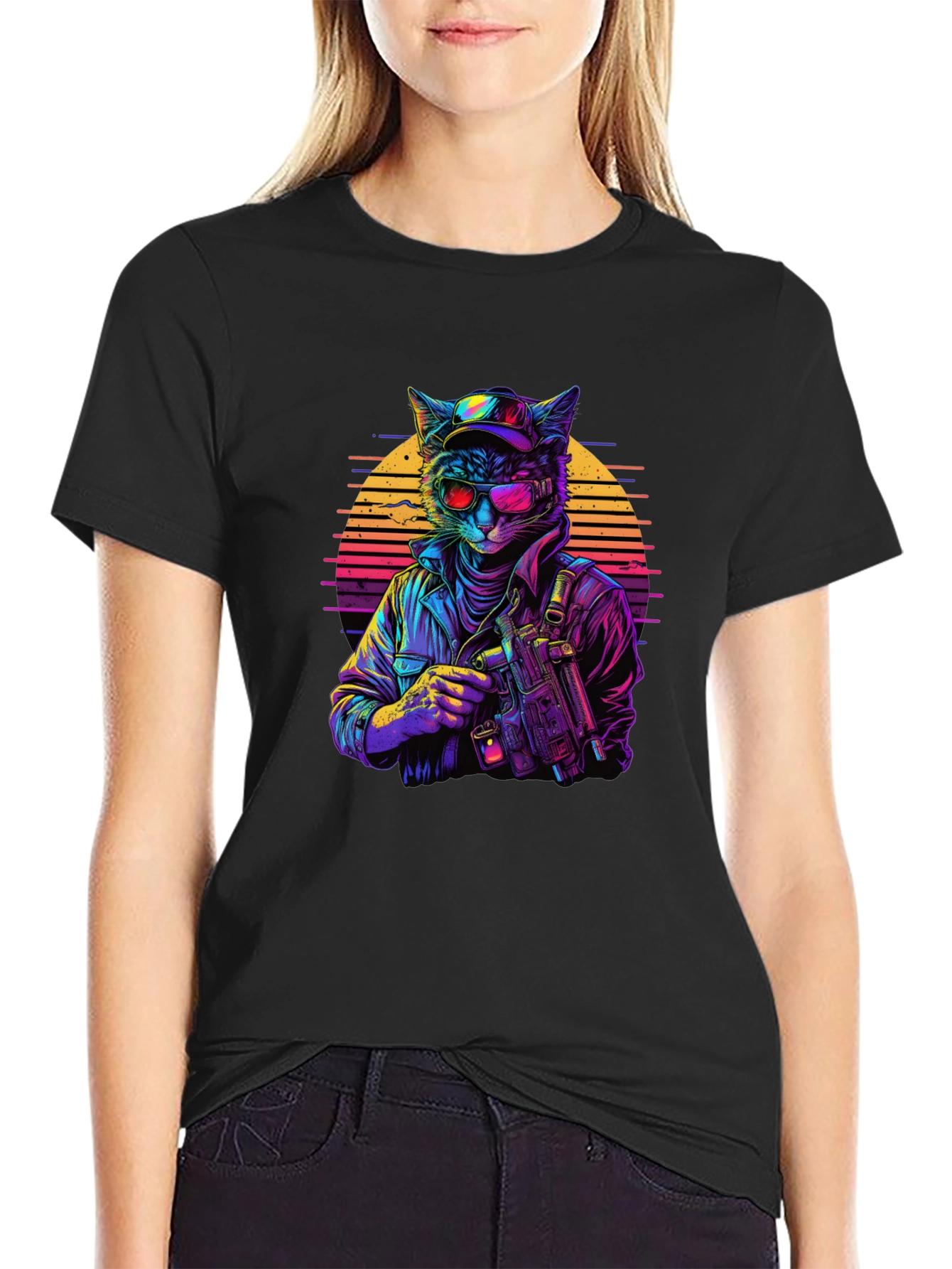 Retro Cat Gunner Black T-Shirt