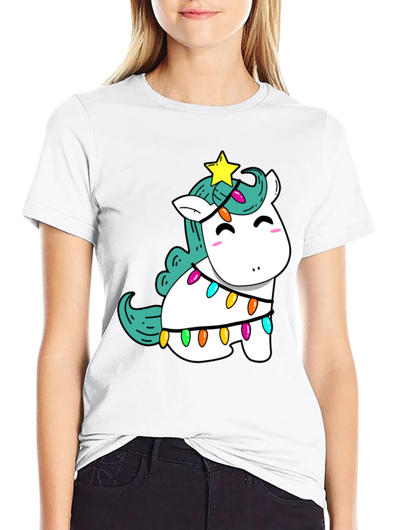 Unicorn Christmas Lights Black T-Shirt
