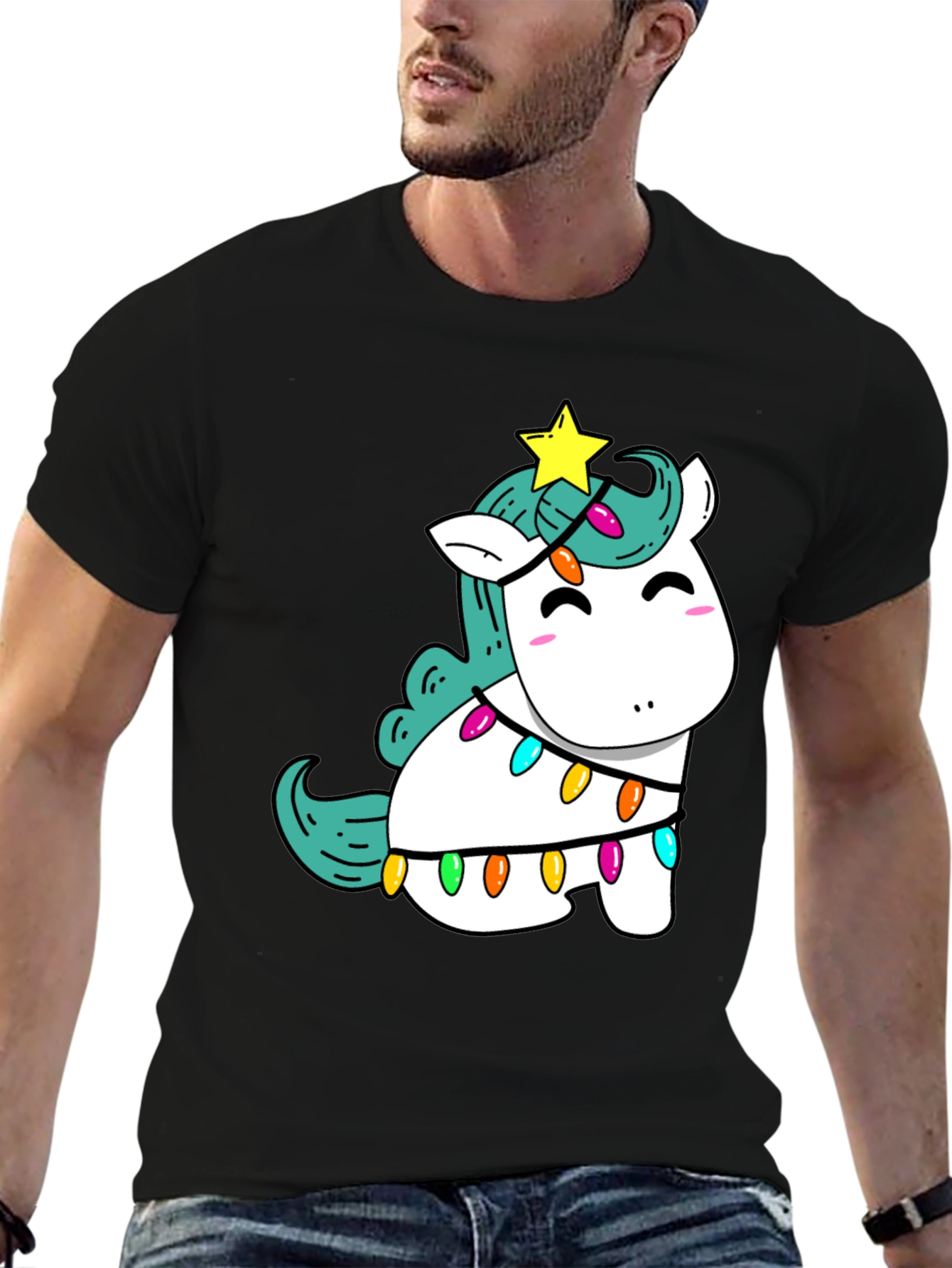 Unicorn Christmas Lights Black T-Shirt