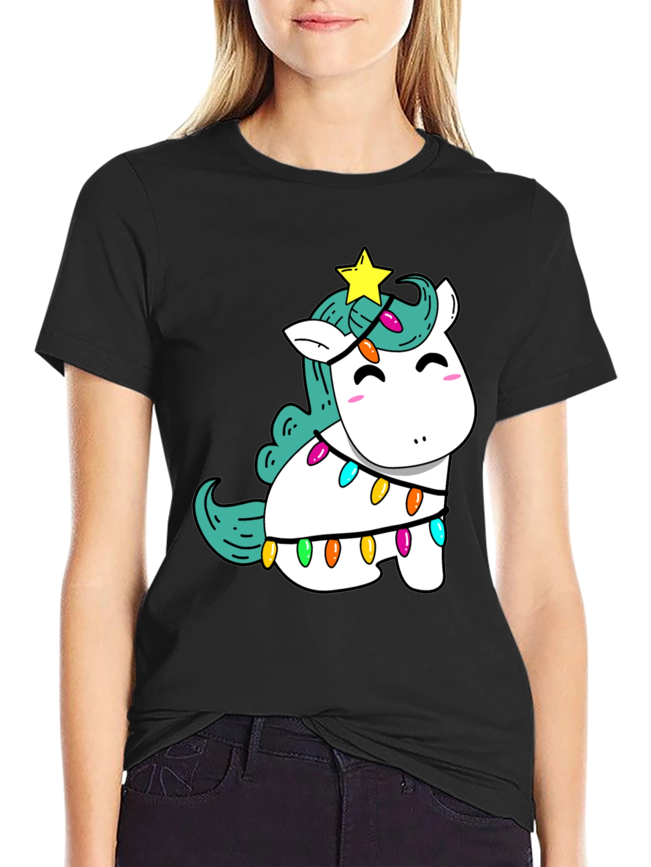 Unicorn Christmas Lights Black T-Shirt