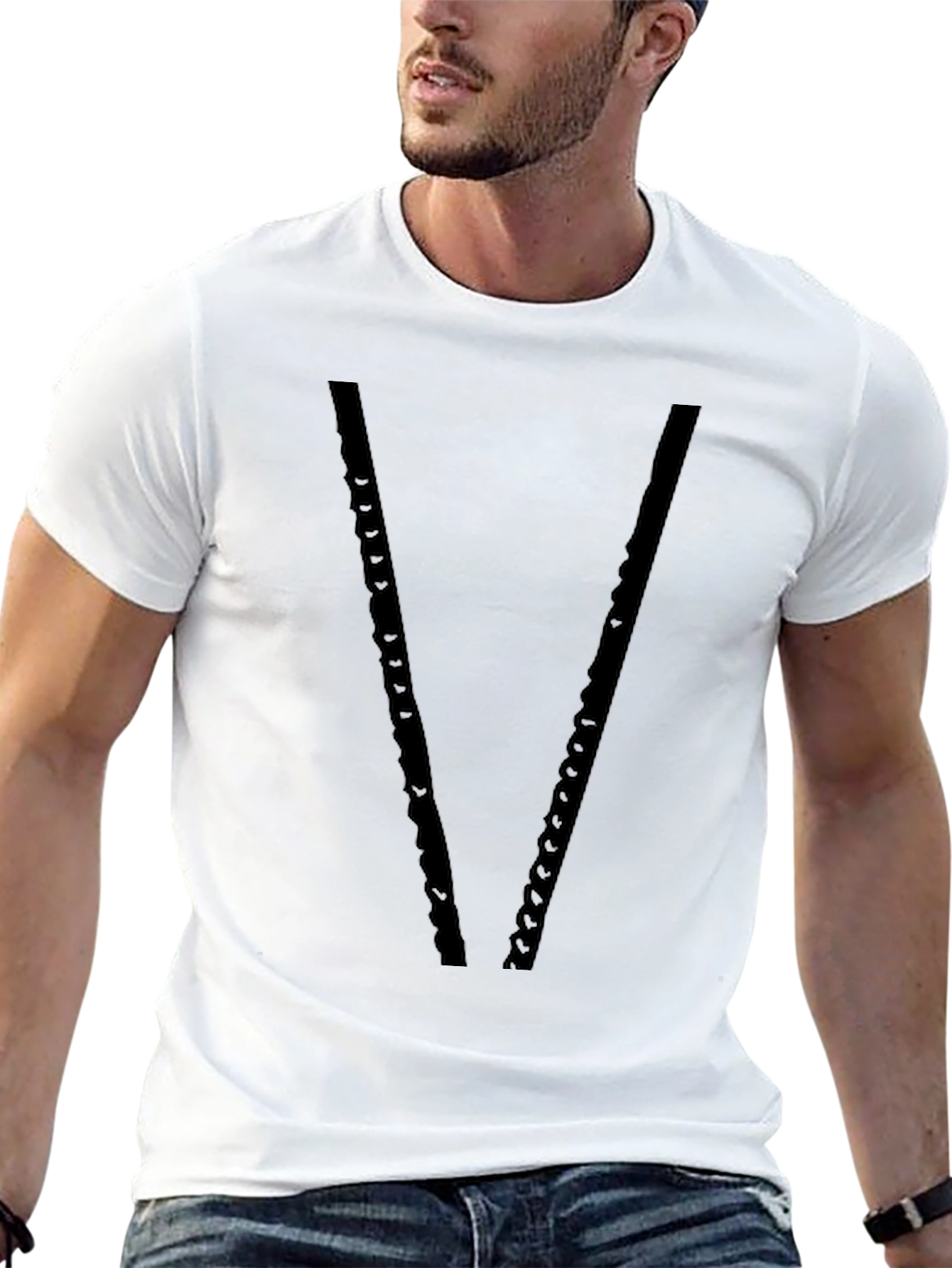 Mens Black V-Neck Chain Design T-Shirt