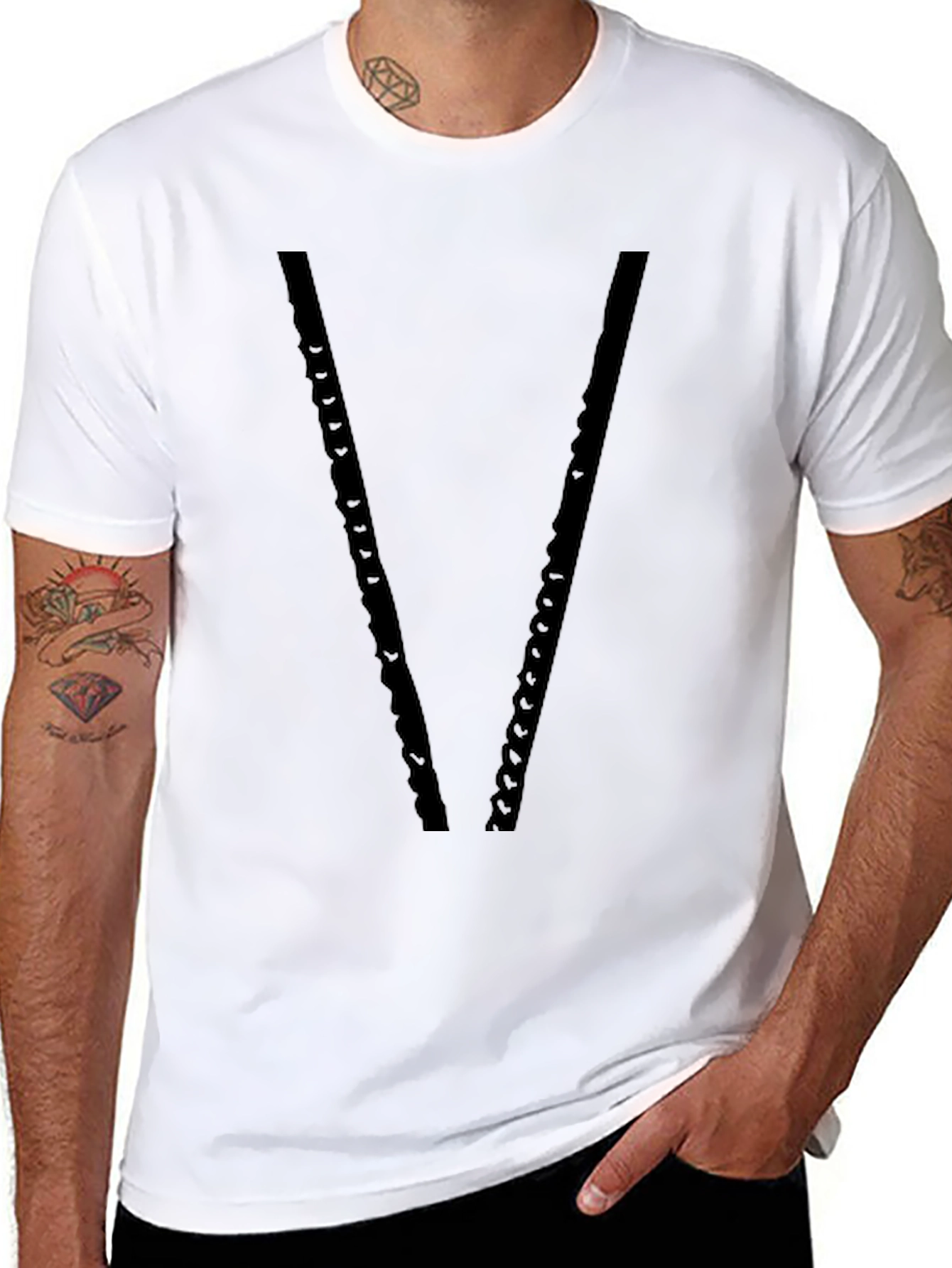 Mens Black V-Neck Chain Design T-Shirt
