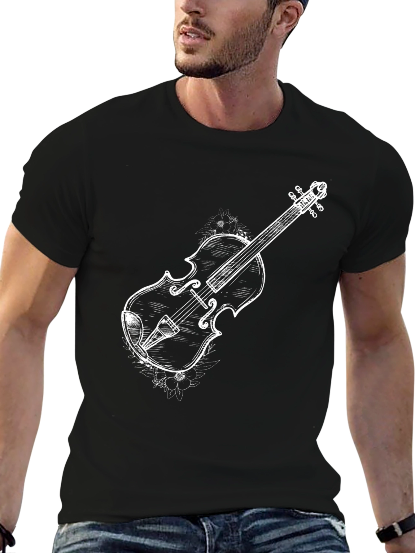 Mens Black T-Shirt with Violin Graphic