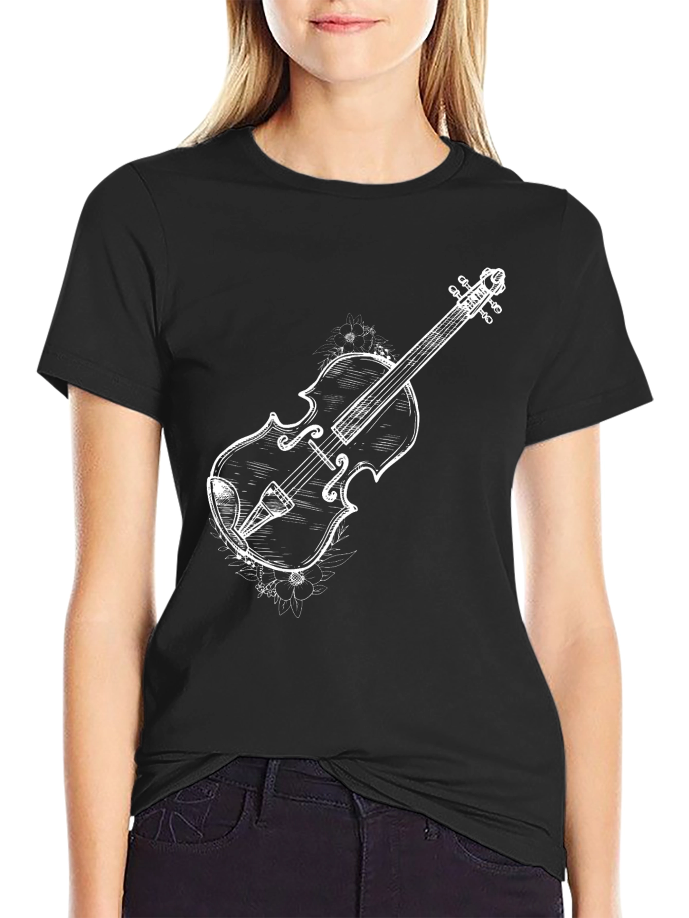 Mens Black T-Shirt with Violin Graphic