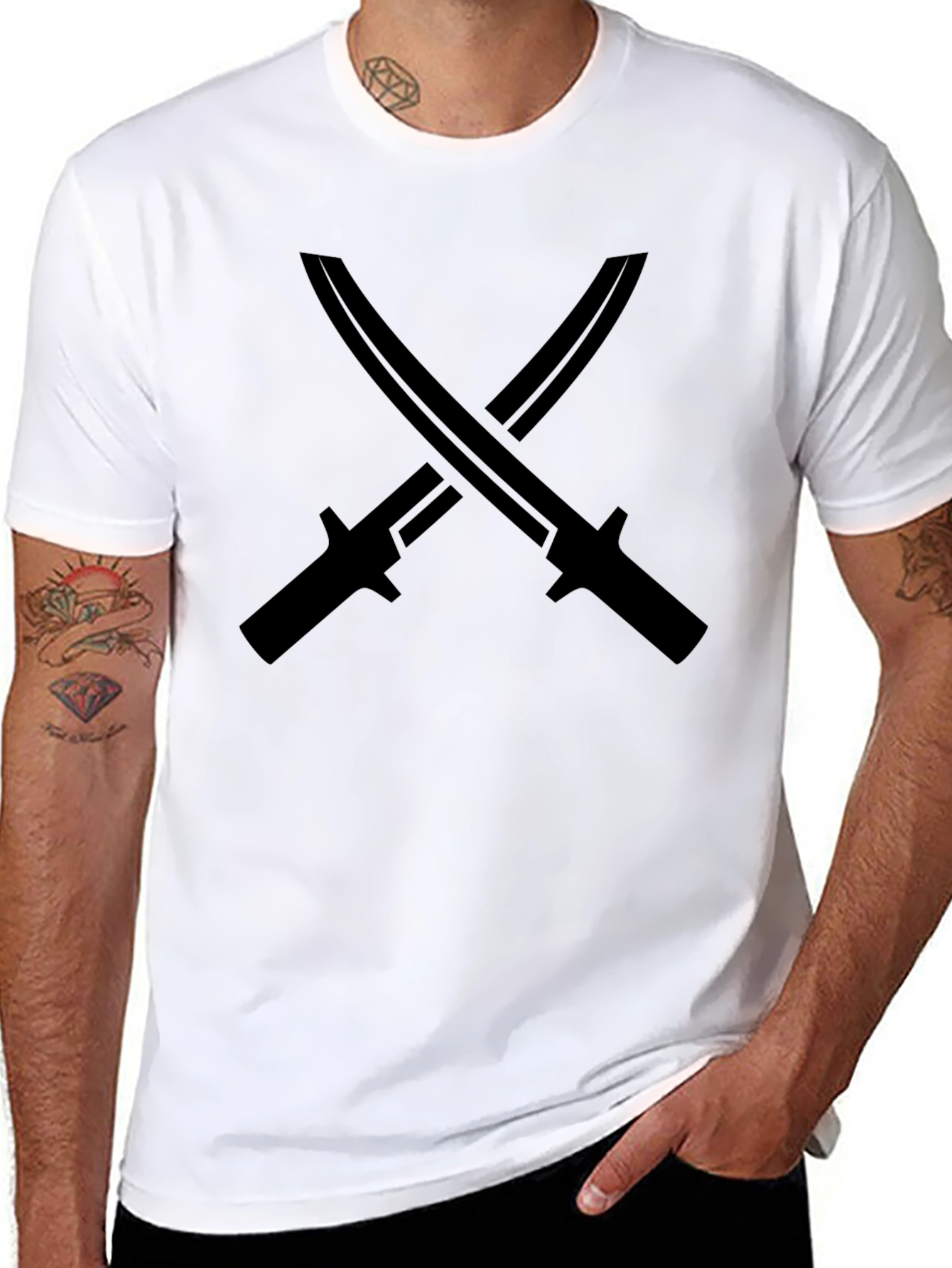 Edgy Black T-Shirt with Crossed Sword Design