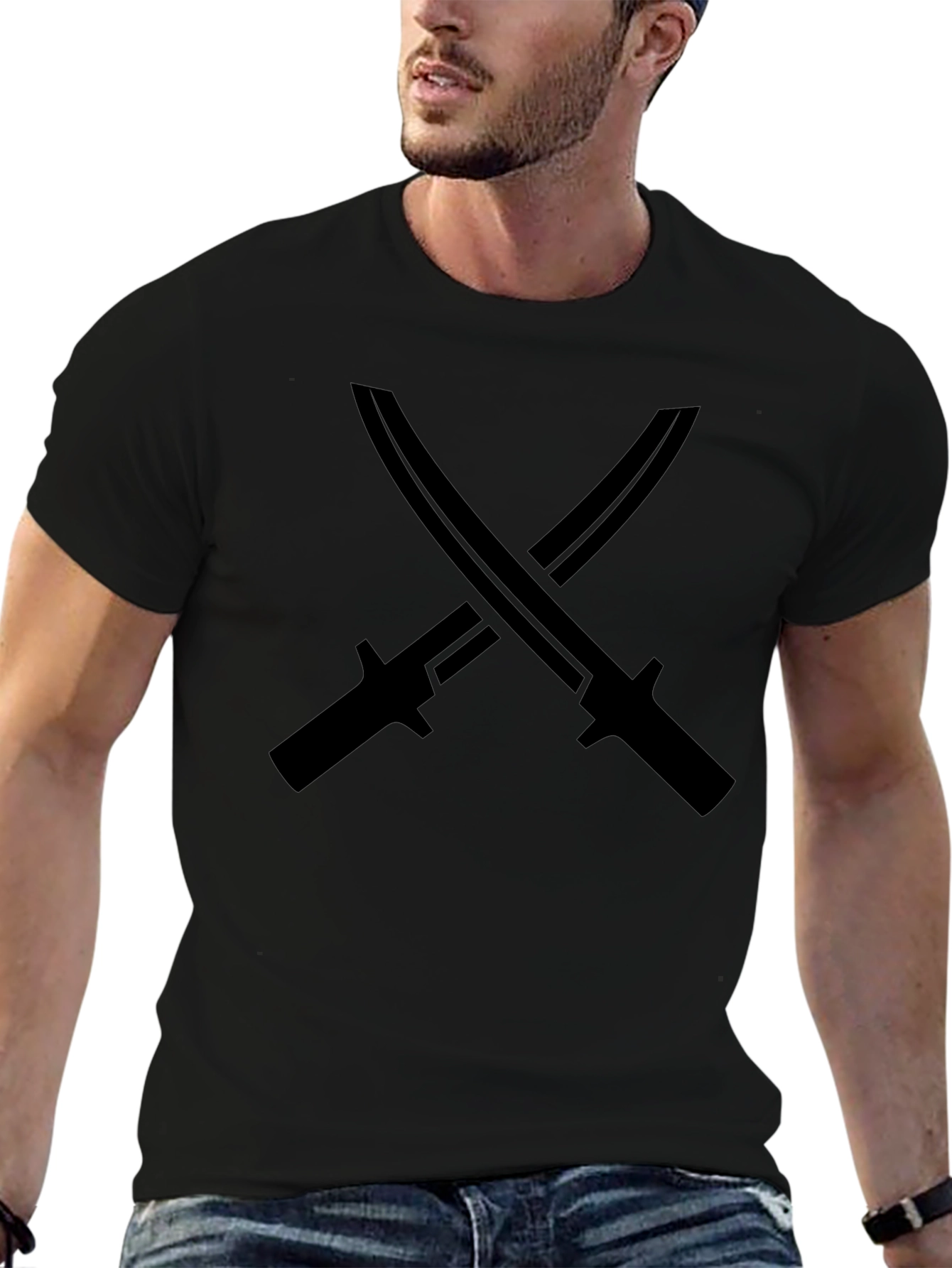 Edgy Black T-Shirt with Crossed Sword Design