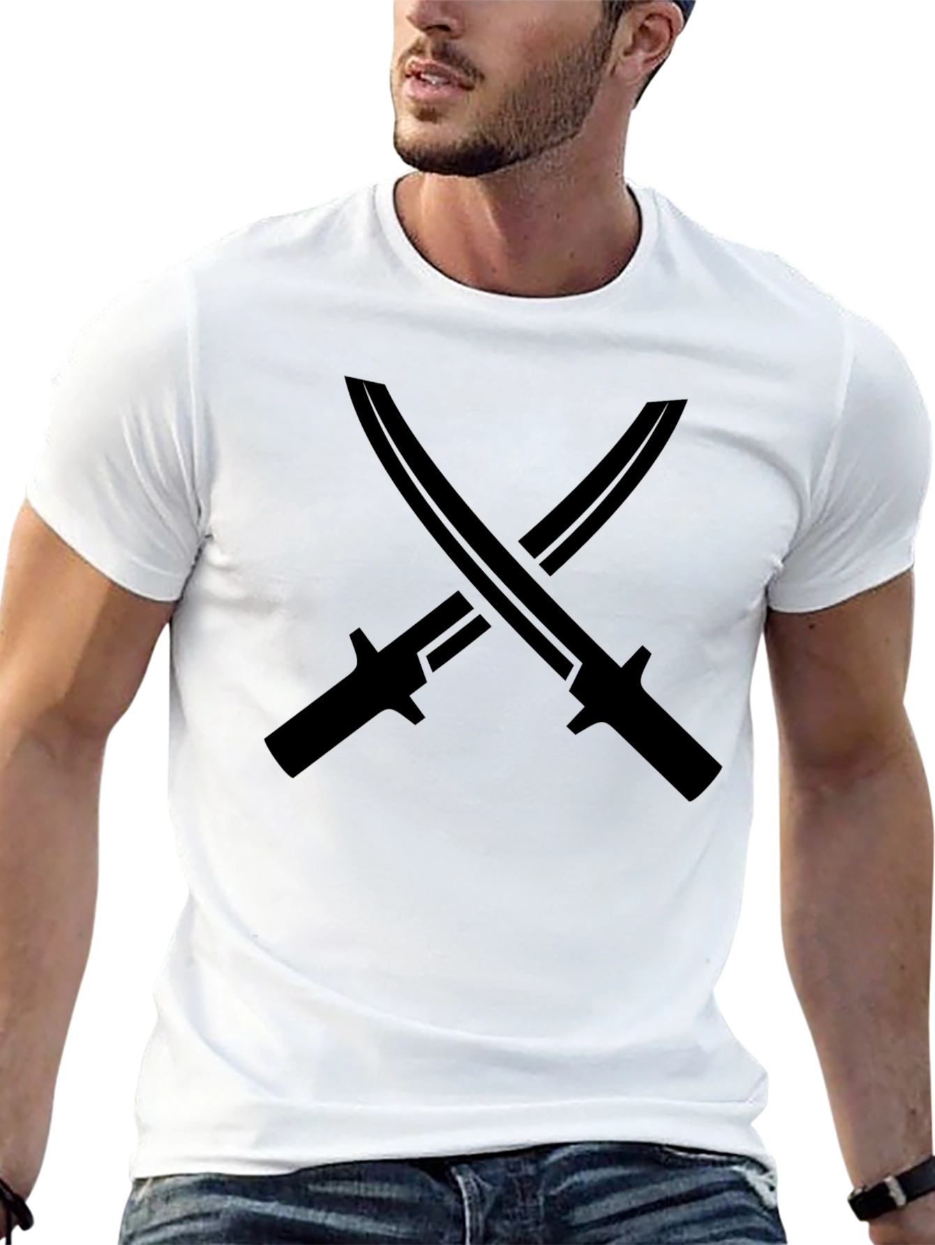 Edgy Black T-Shirt with Crossed Sword Design