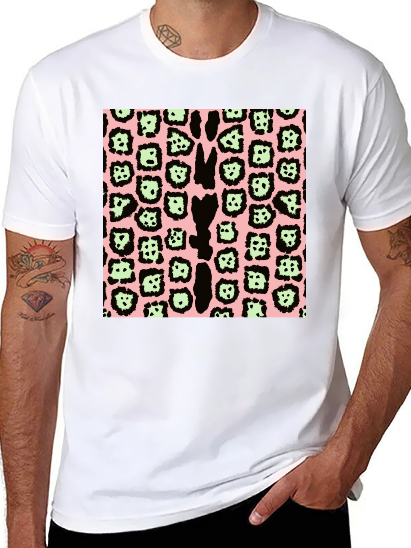 Animal Print T-Shirt - Black Pink & Green