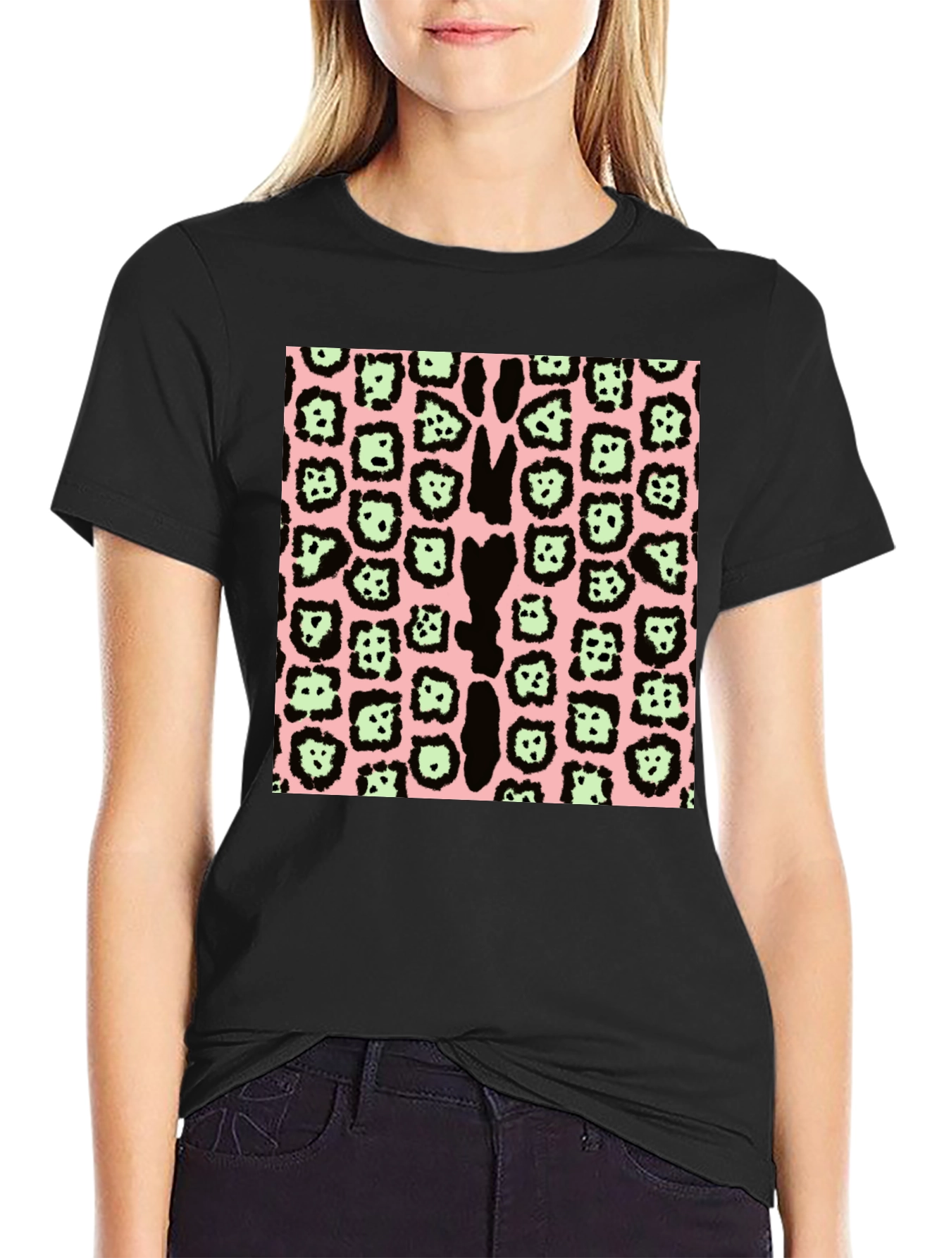 Animal Print T-Shirt - Black Pink & Green