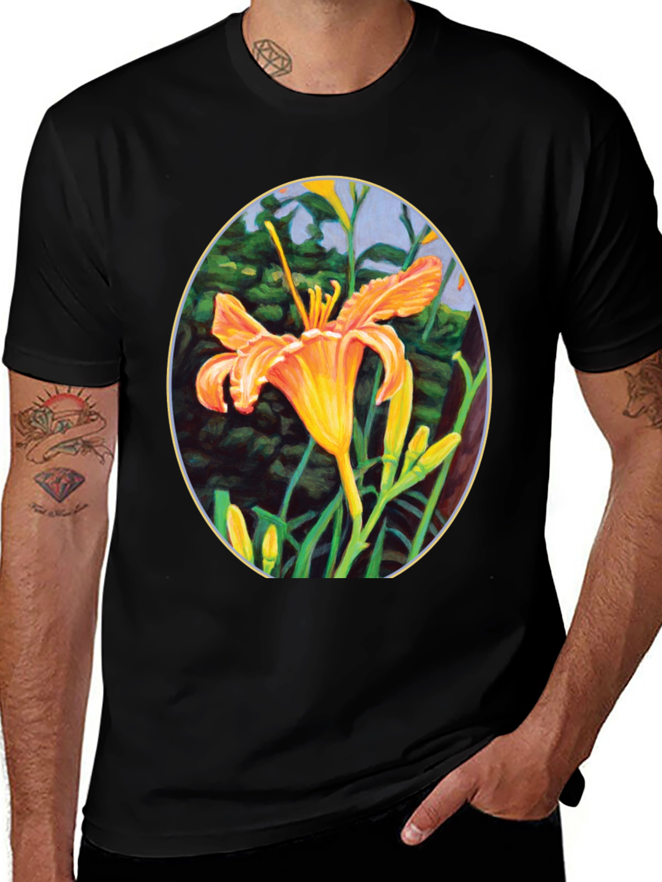 Floral Lily Graphic Tee - Black Crew Neck